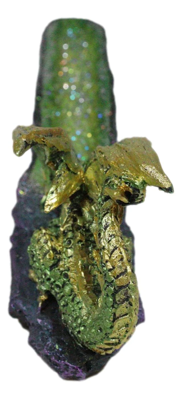 Metallic Green Gold Dragon Crouching On Faux Crystal Geode Basin Incense Holder - Image 7
