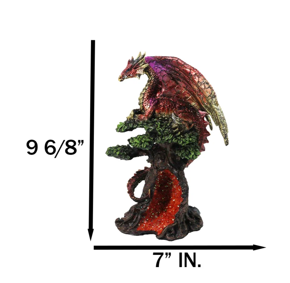 Metallic Red and Gold Dragon On Giant Tree With Faux Crystal Geode Core Figurine - Image 2