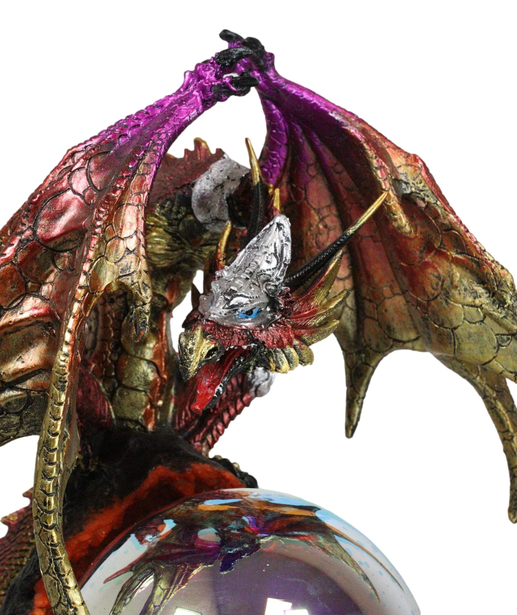 Metallic Red Gold Armored Dragon On Volcano Lava Rock With LED Optic Ball Statue - Image 5