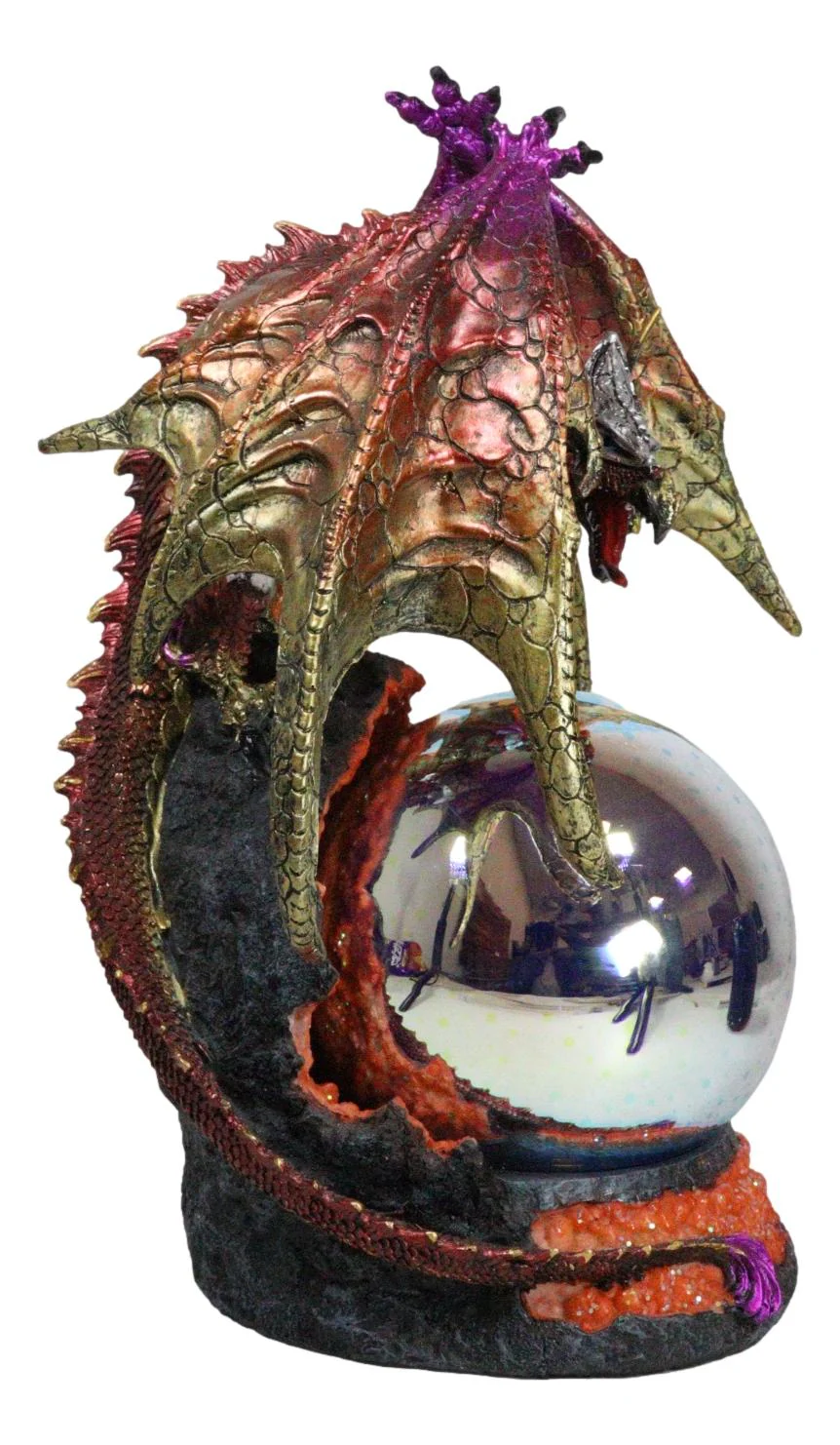 Metallic Red Gold Armored Dragon On Volcano Lava Rock With LED Optic Ball Statue - Image 6