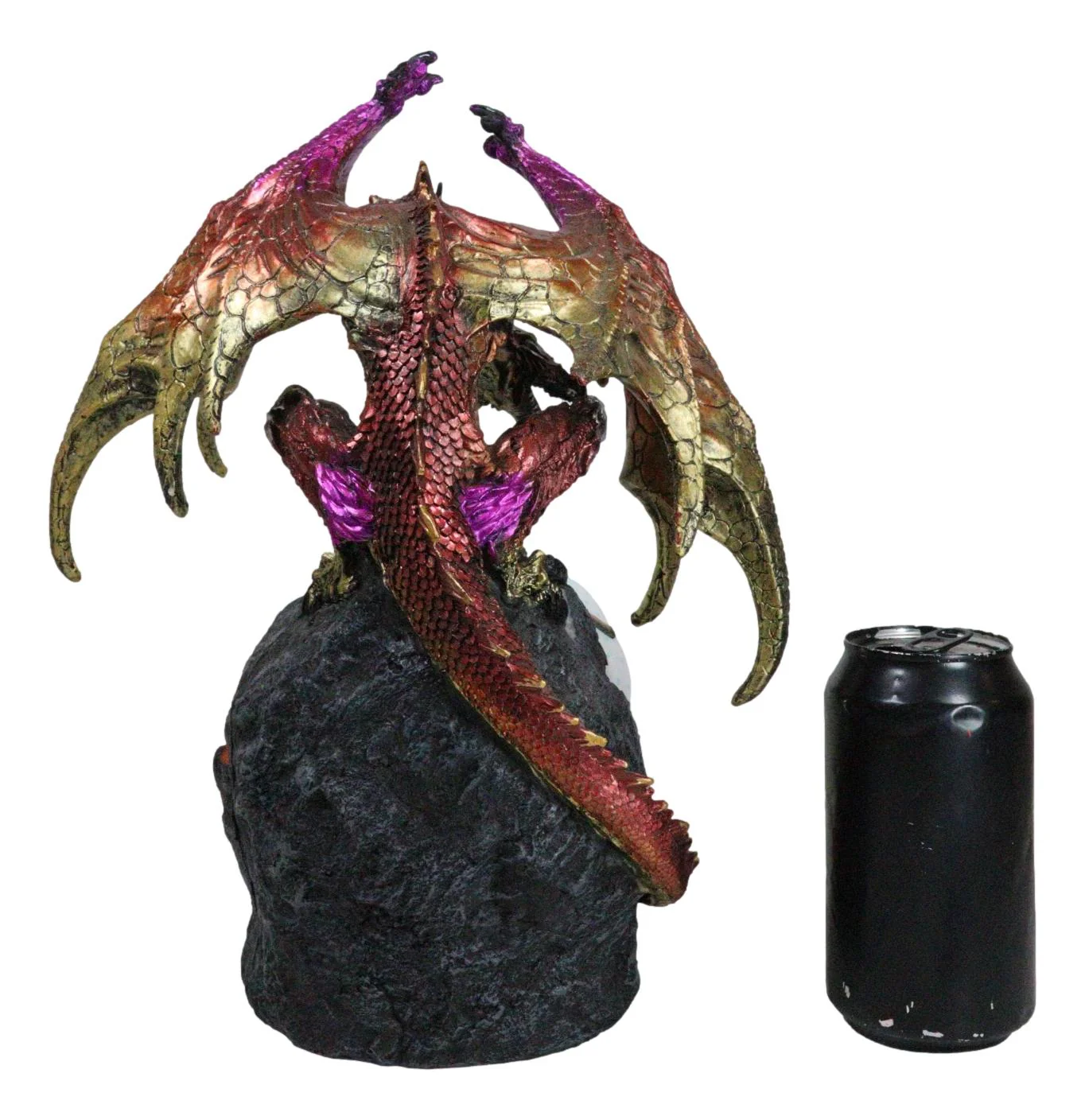 Metallic Red Gold Armored Dragon On Volcano Lava Rock With LED Optic Ball Statue - Image 8