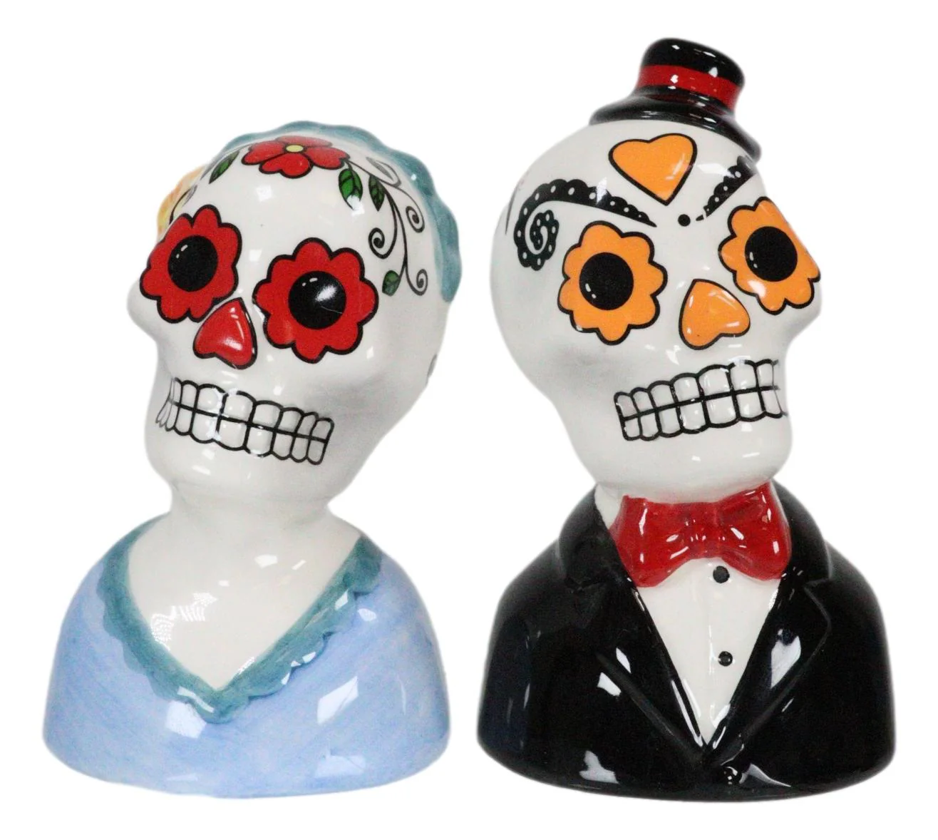 Mexican Couple Wedding Sugar Skulls Day Of The Dead Ceramic Salt Pepper Shakers - Image 2