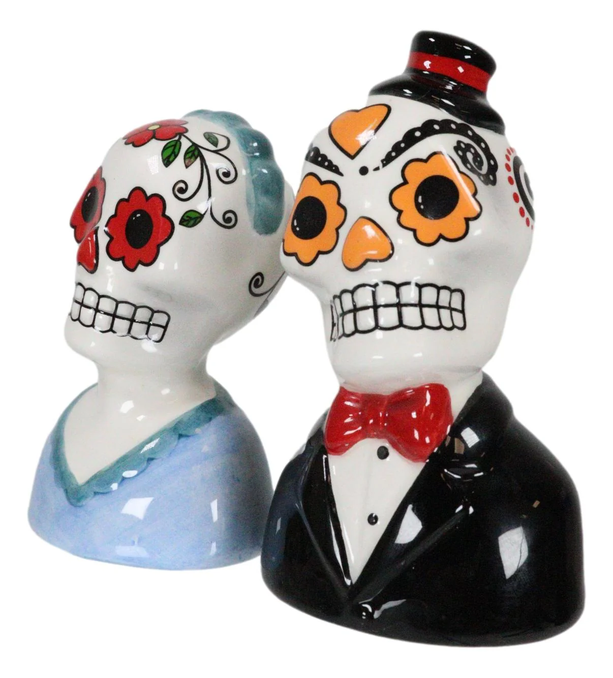 Mexican Couple Wedding Sugar Skulls Day Of The Dead Ceramic Salt Pepper Shakers - Image 3