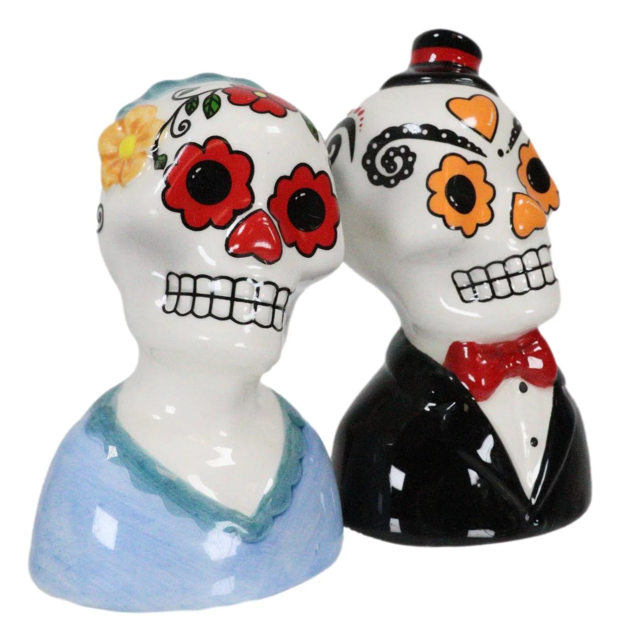 Mexican Couple Wedding Sugar Skulls Day Of The Dead Ceramic Salt Pepper Shakers - Image 4