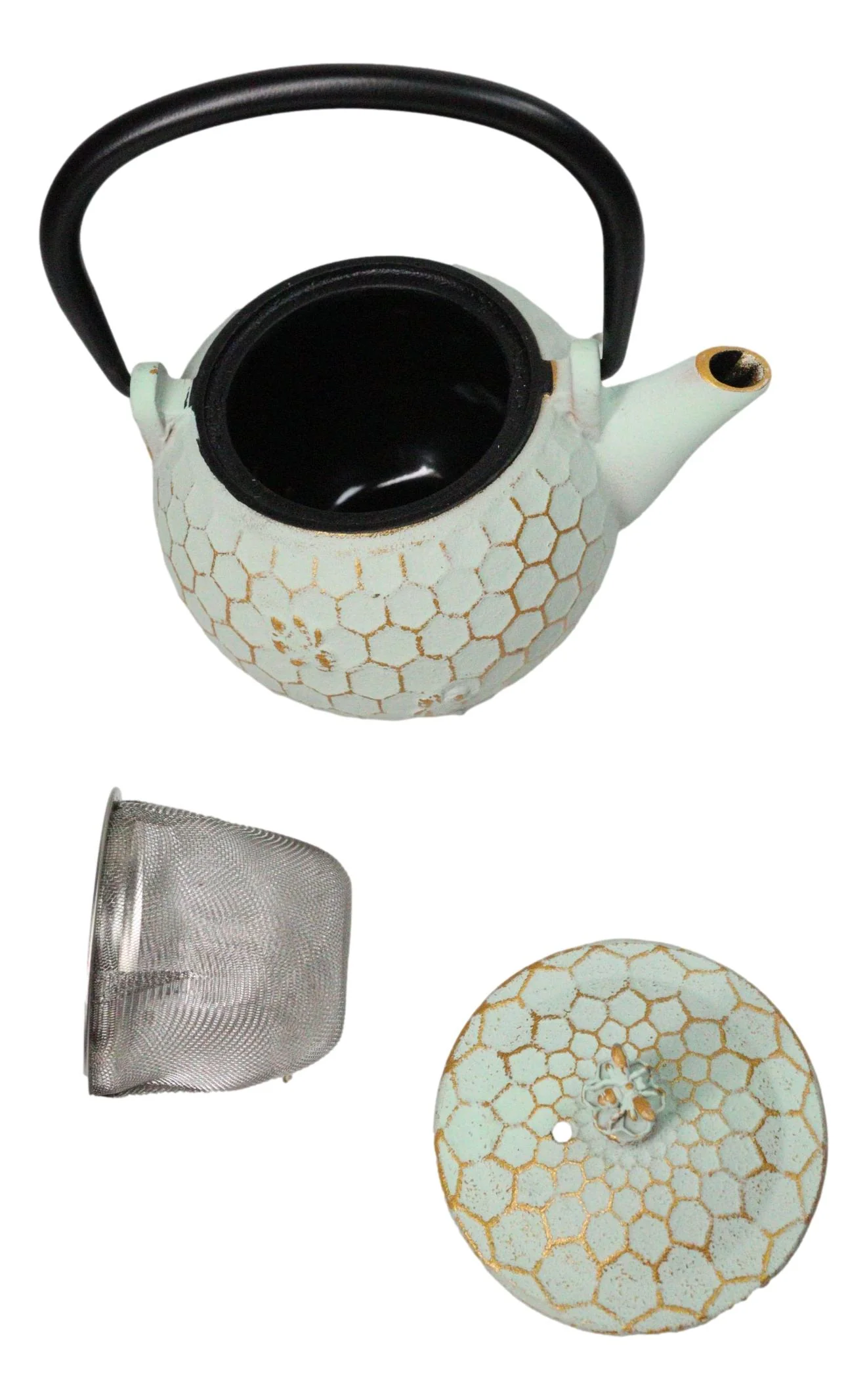Mint Green Rustic Honeycomb With Bee Petite Cast Iron Teapot 10oz Tea Pot - Image 5