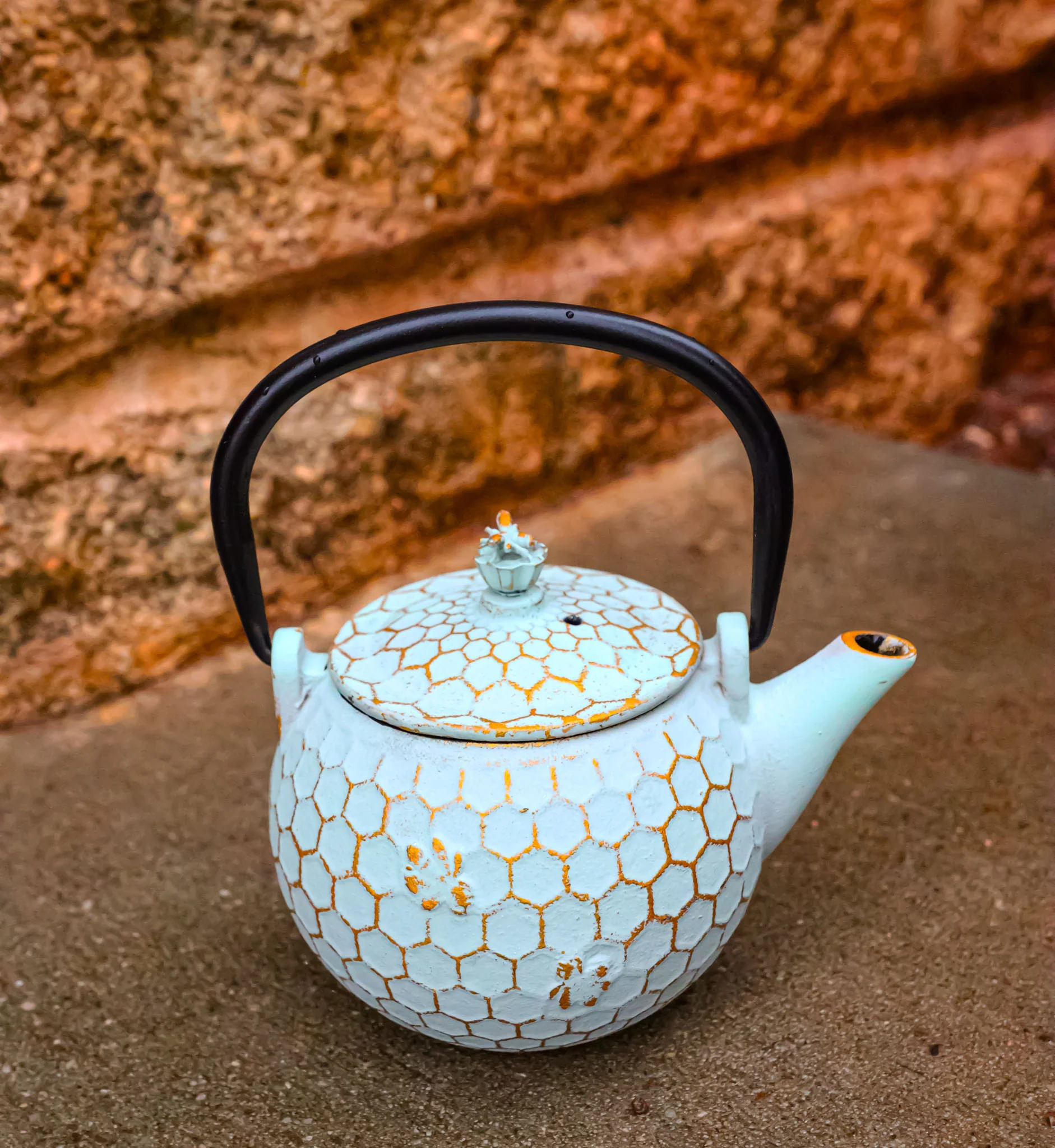 Mint Green Rustic Honeycomb With Bee Petite Cast Iron Teapot 10oz Tea Pot - Image 9