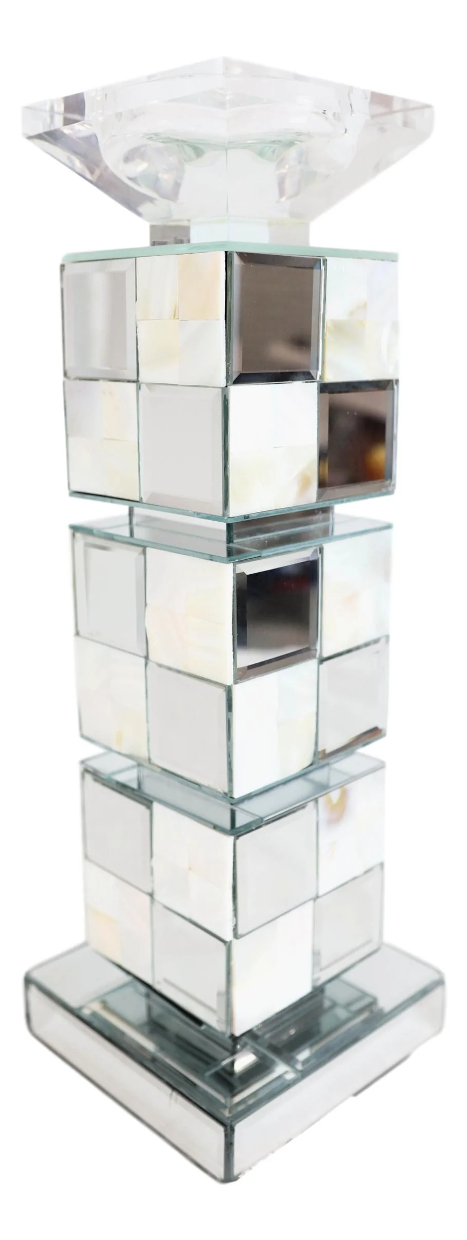 Modern Beveled Mirrors Capiz Shells Decorative Checkered Pillar Candle Holder - Image 2