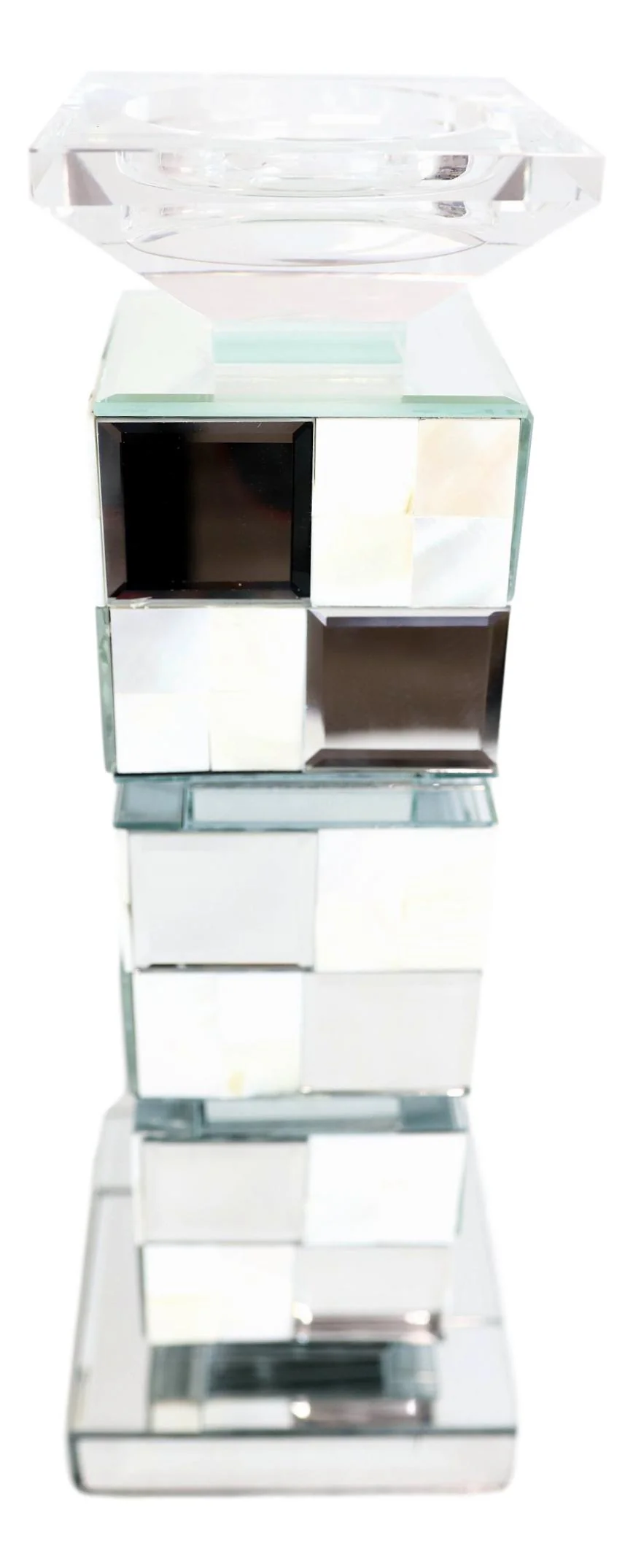 Modern Beveled Mirrors Capiz Shells Decorative Checkered Pillar Candle Holder - Image 4