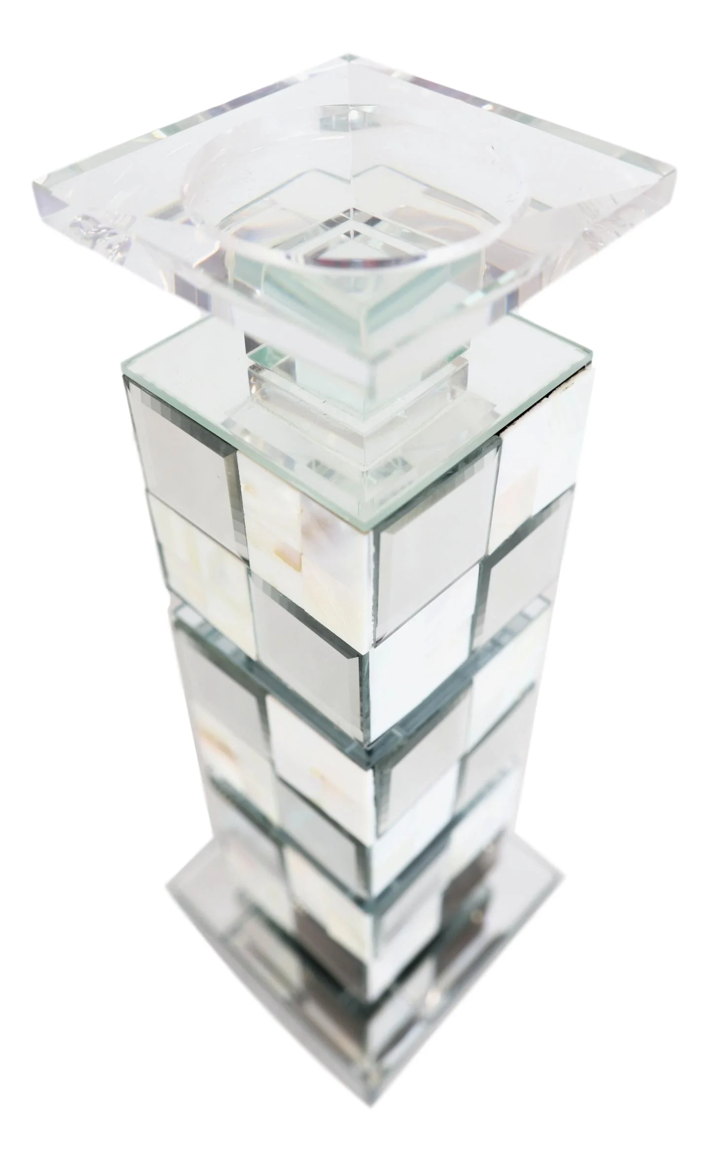 Modern Beveled Mirrors Capiz Shells Decorative Checkered Pillar Candle Holder - Image 5