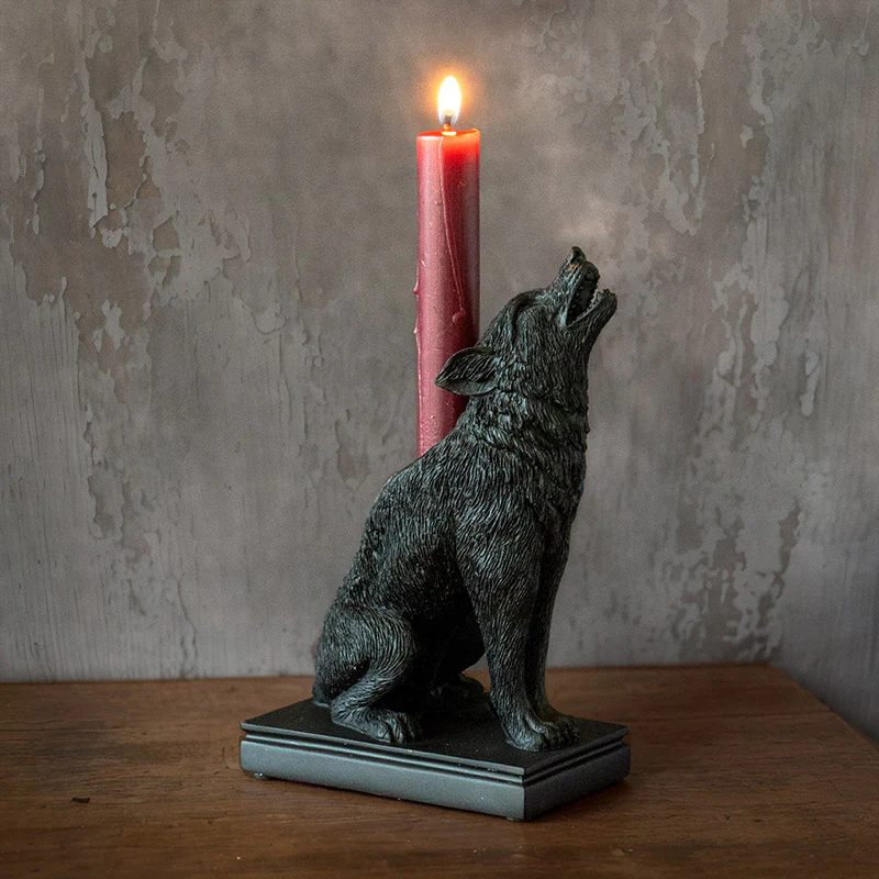 Mystical Wicca Gothic Alpha Gray Wolf Ulula Noctis Candlestick Holder Figurine - Image 9