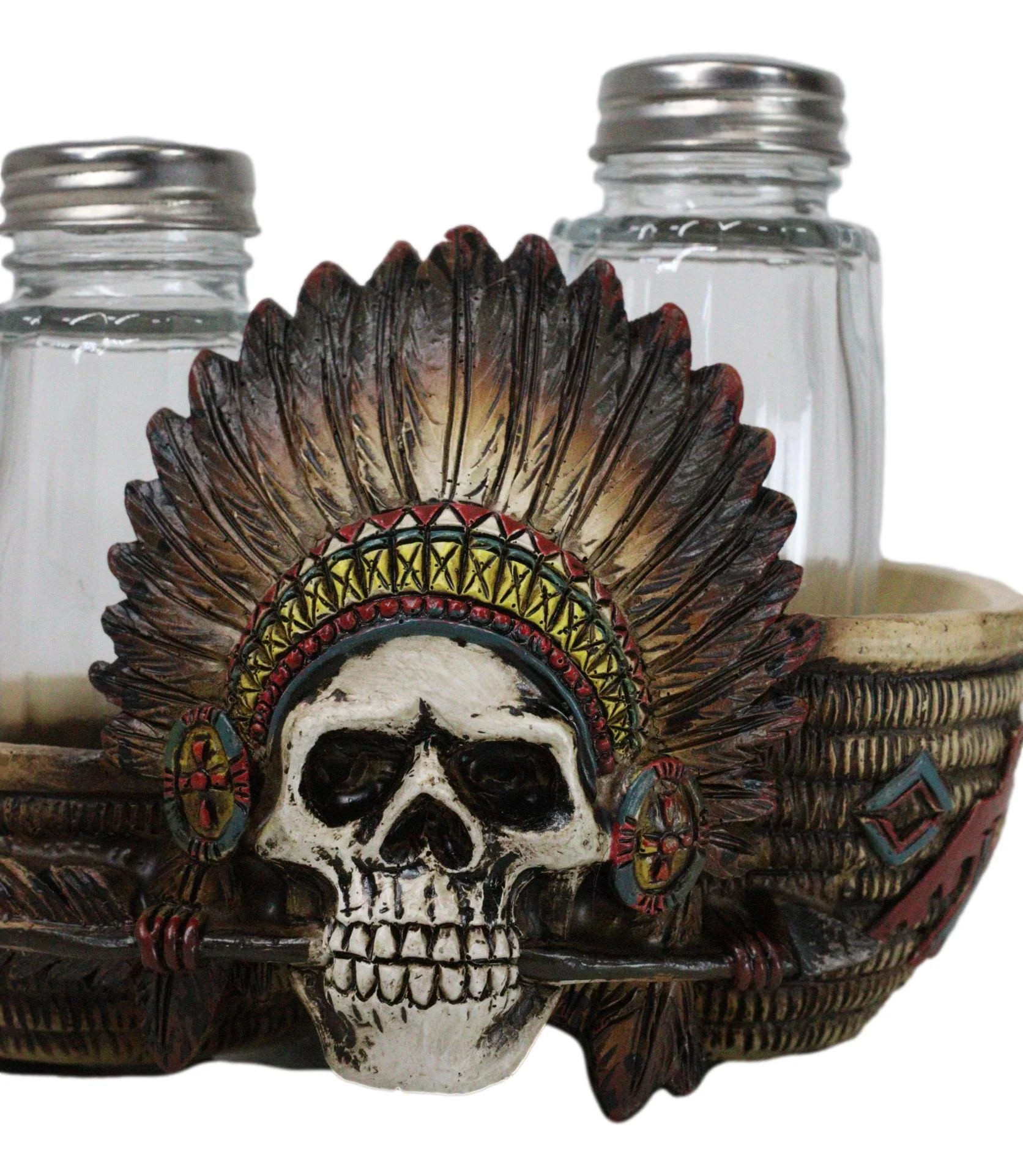 Native American Indian Chieftain Skull With Headdress Salt Pepper Shakers Set - Image 8