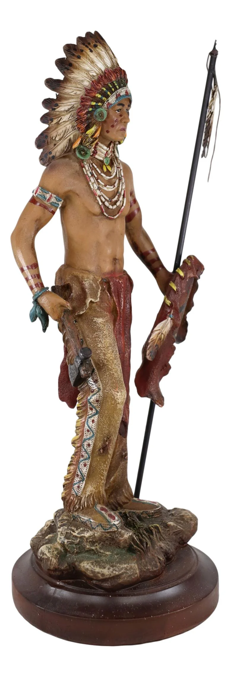 Native American Indian Warrior Chief With Eagle Roach Spear And Axe Figurine - Image 2