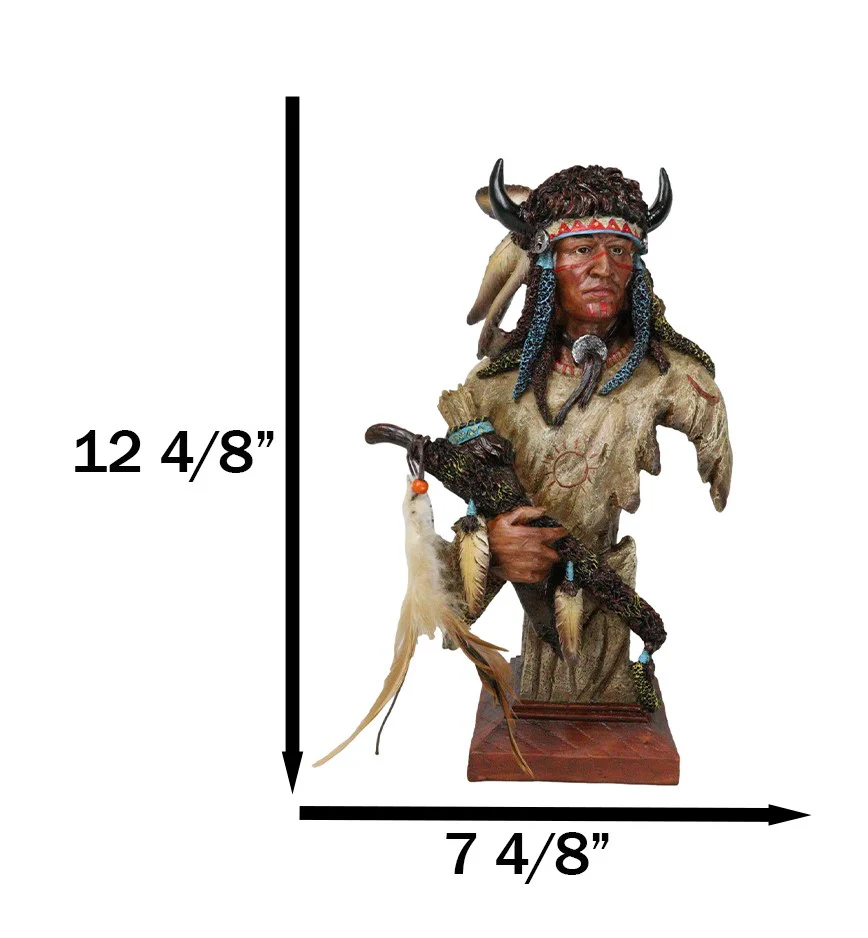 Native Indian Chief Warrior Hunter With Buffalo Horns And Feathers Bust Figurine - Image 2