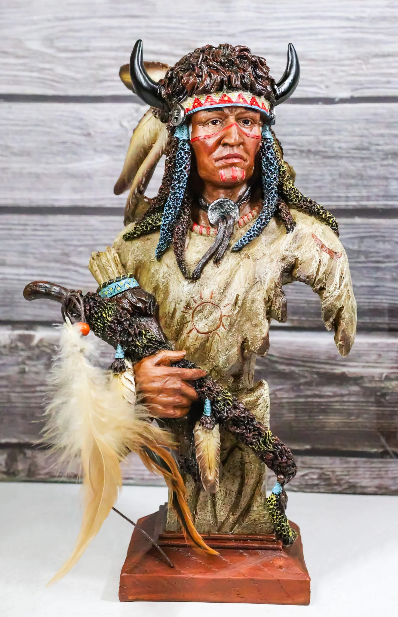 Native Indian Chief Warrior Hunter With Buffalo Horns And Feathers Bust Figurine - Image 9