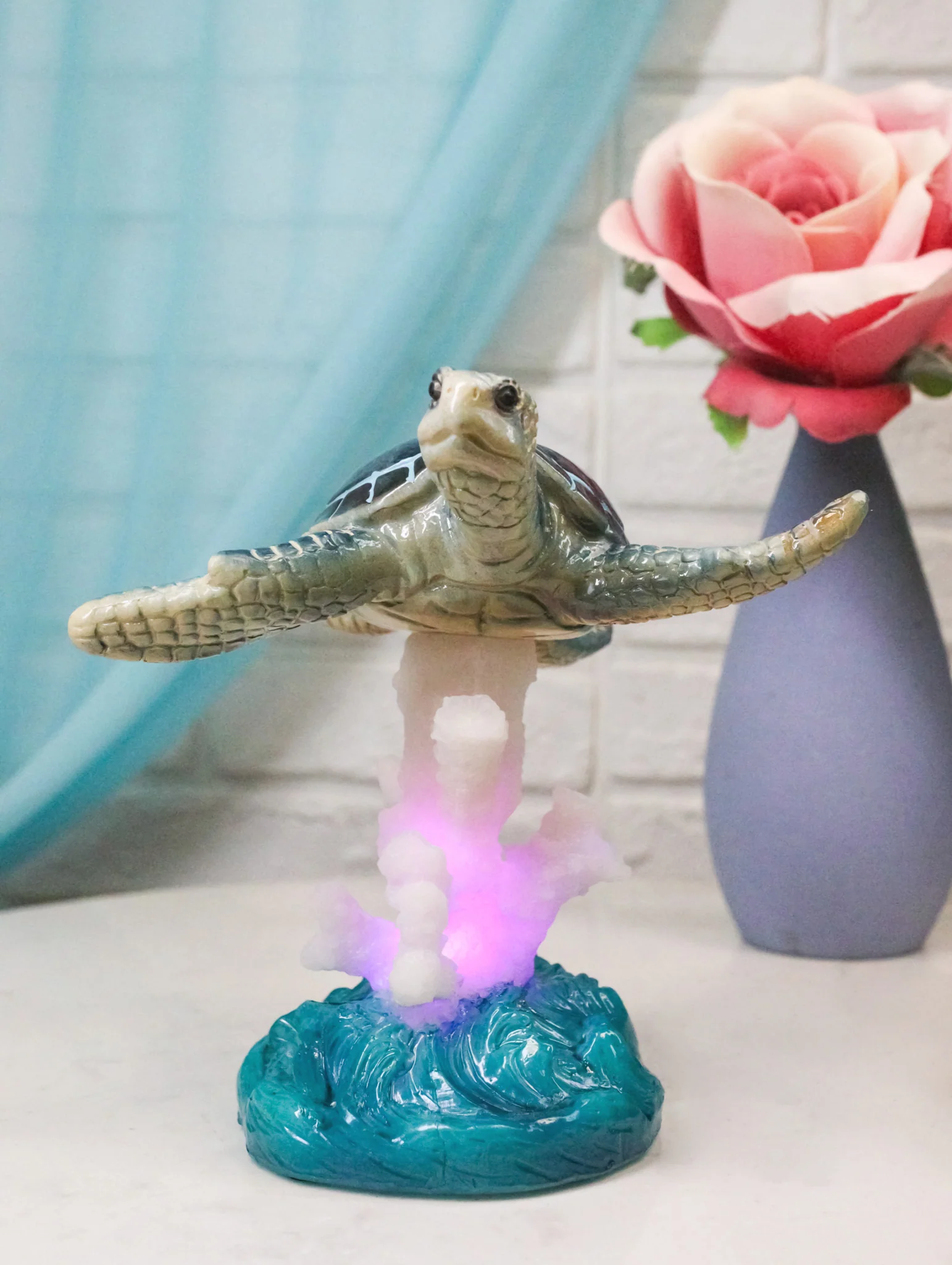 Nautical Blue Sea Turtle Swimming Over Acrylic Coral Reef With Waves Figurine - Image 10