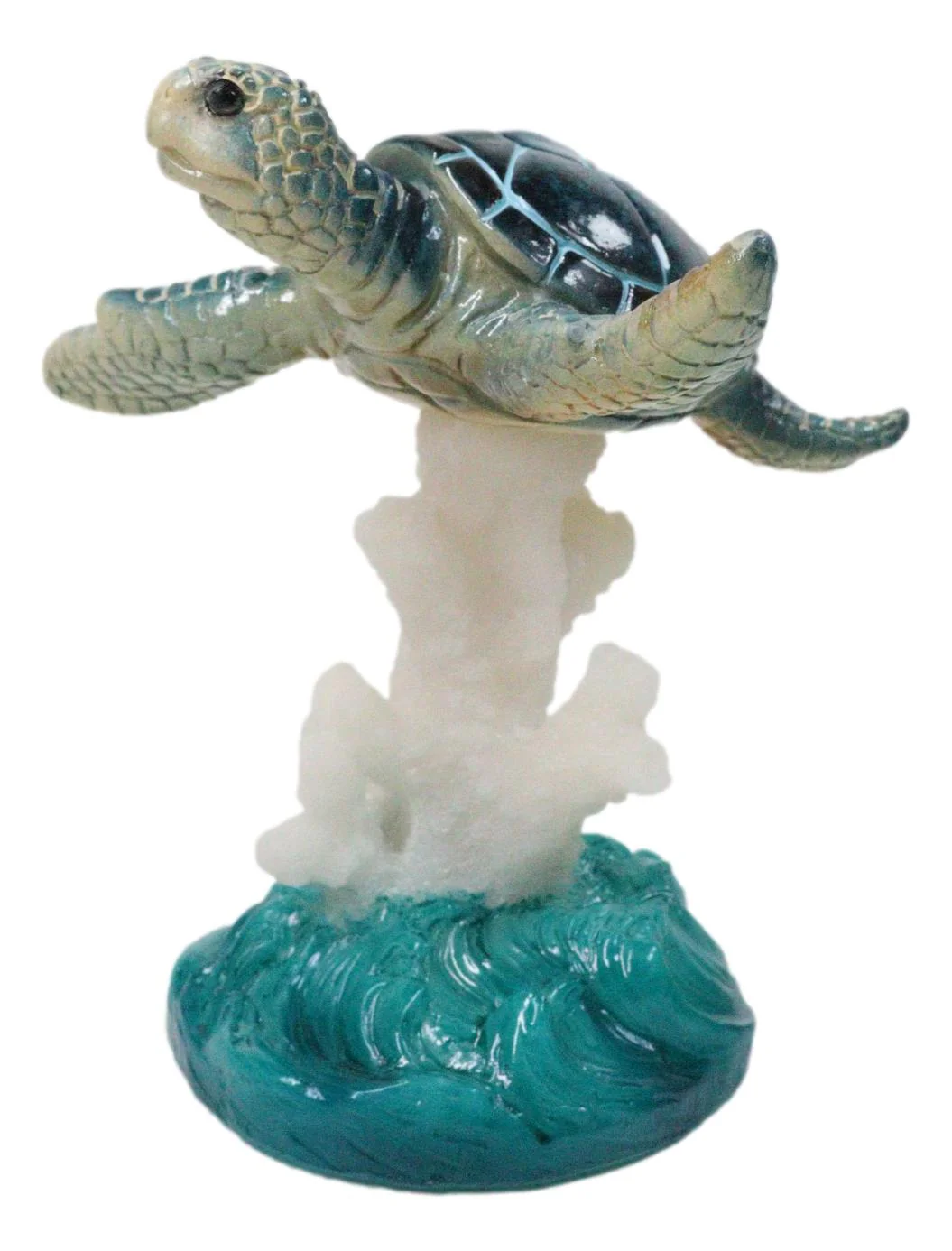 Nautical Blue Sea Turtle Swimming Over Acrylic Coral Reef With Waves Figurine - Image 2