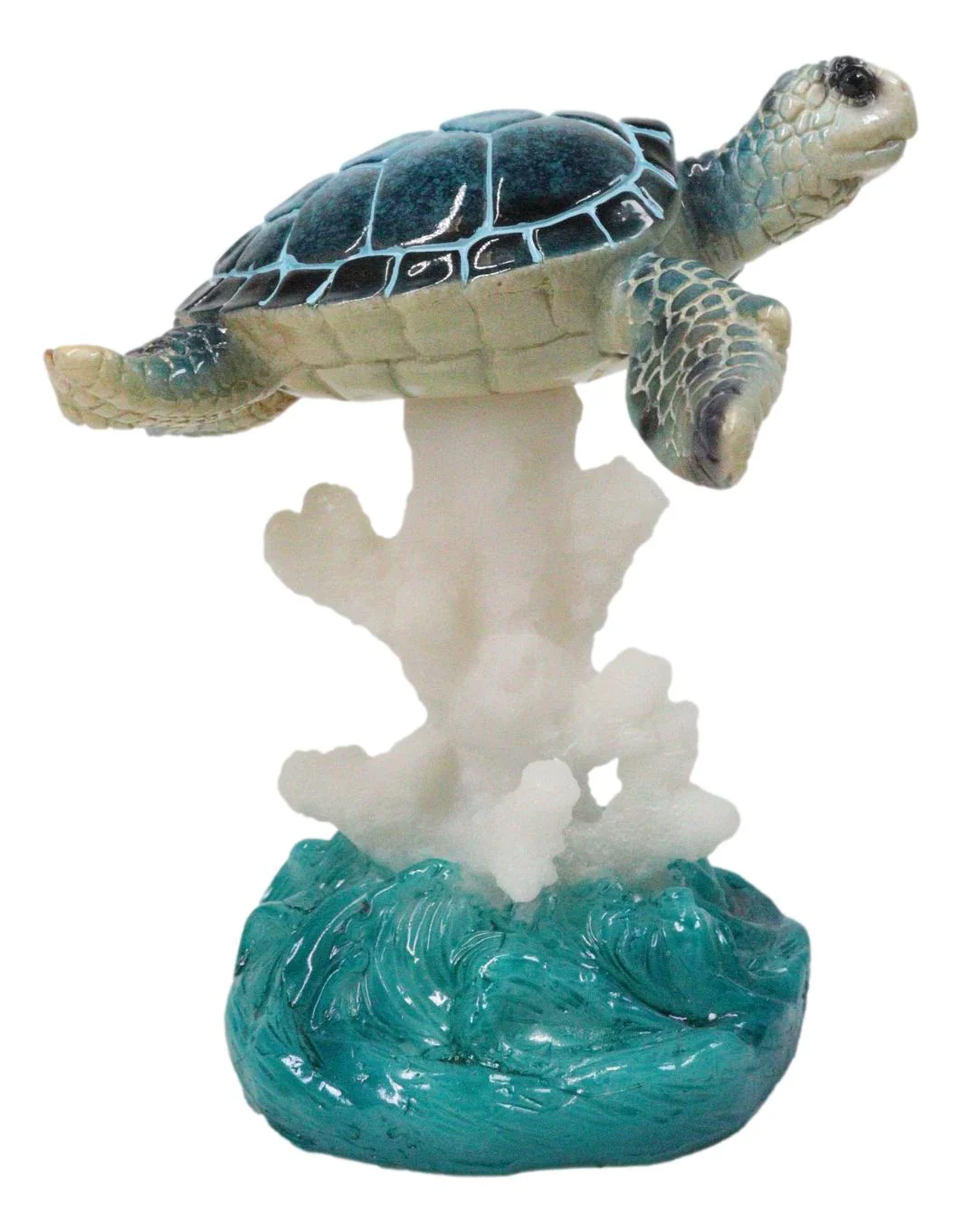 Nautical Blue Sea Turtle Swimming Over Acrylic Coral Reef With Waves Figurine - Image 3