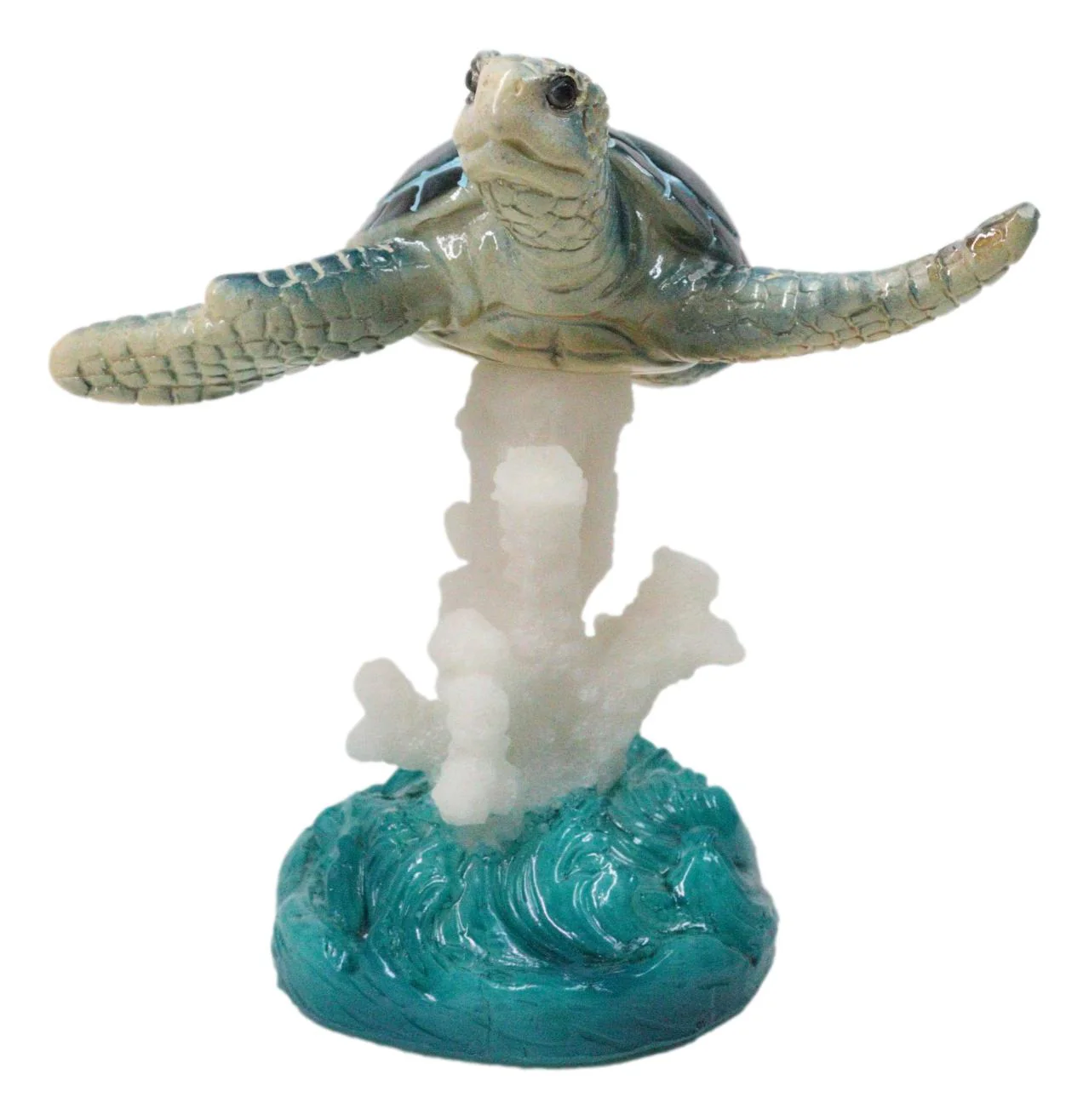 Nautical Blue Sea Turtle Swimming Over Acrylic Coral Reef With Waves Figurine - Image 6