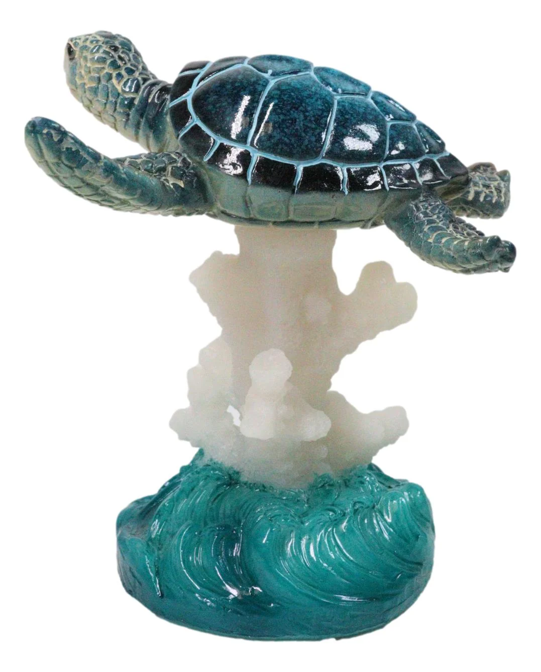 Nautical Blue Sea Turtle Swimming Over Acrylic Coral Reef With Waves Figurine - Image 8