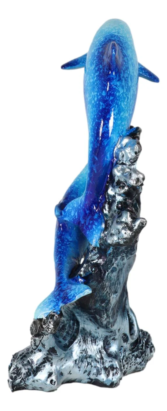 Nautical Marine Sea Ocean 2 Blue Dolphins Leaping Out Of The Reef Waves Figurine - Image 3