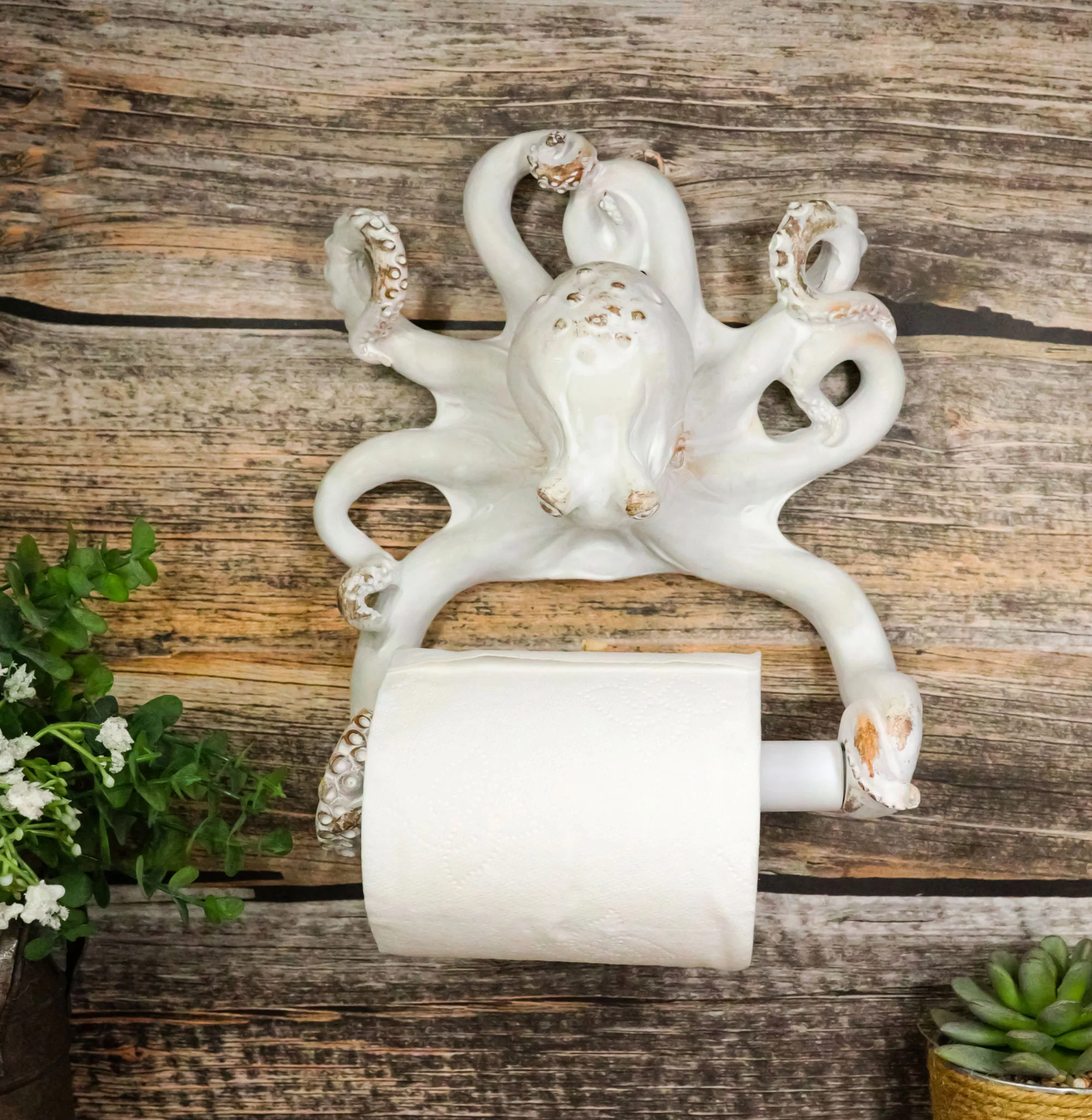 Nautical Marine Sea Octopus Distressed Antique White Wall Toilet Paper Holder - Image 10