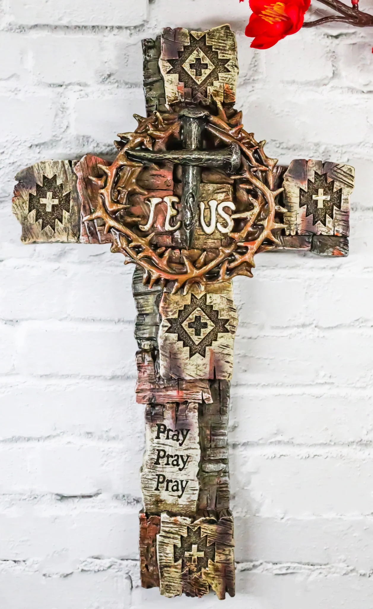 Navajo Symbols Crown of Thorns Spike Nails Jesus Sign Faux Wooden Wall Cross - Image 10