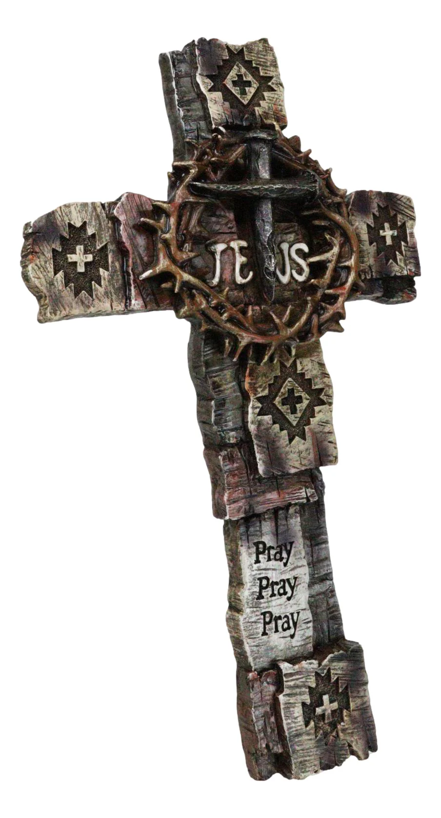 Navajo Symbols Crown of Thorns Spike Nails Jesus Sign Faux Wooden Wall Cross - Image 6