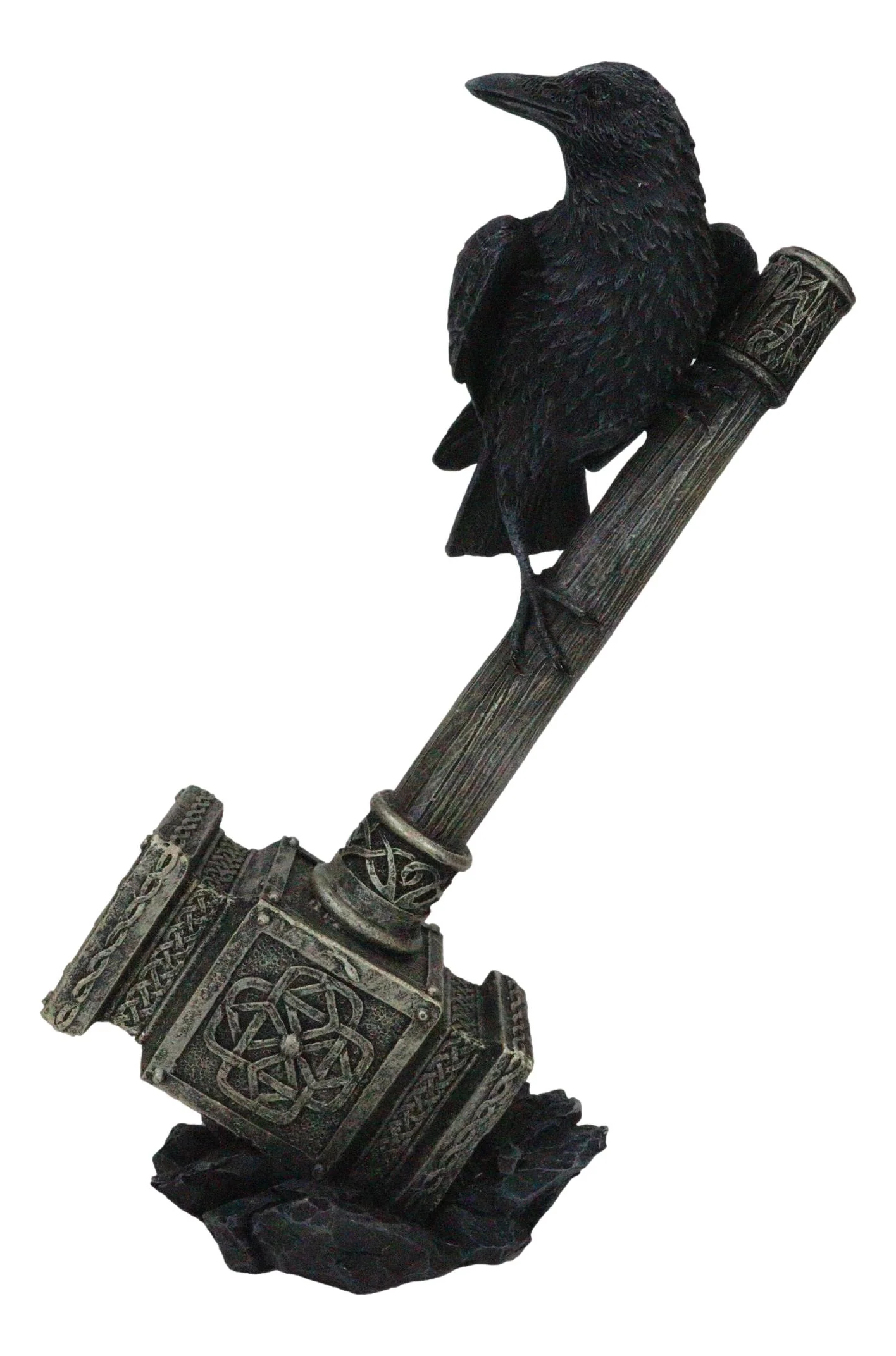 Odin Raven Perching On Thor Hammer Mjolnir With Viking Runes Skaldenmet Figurine - Image 2