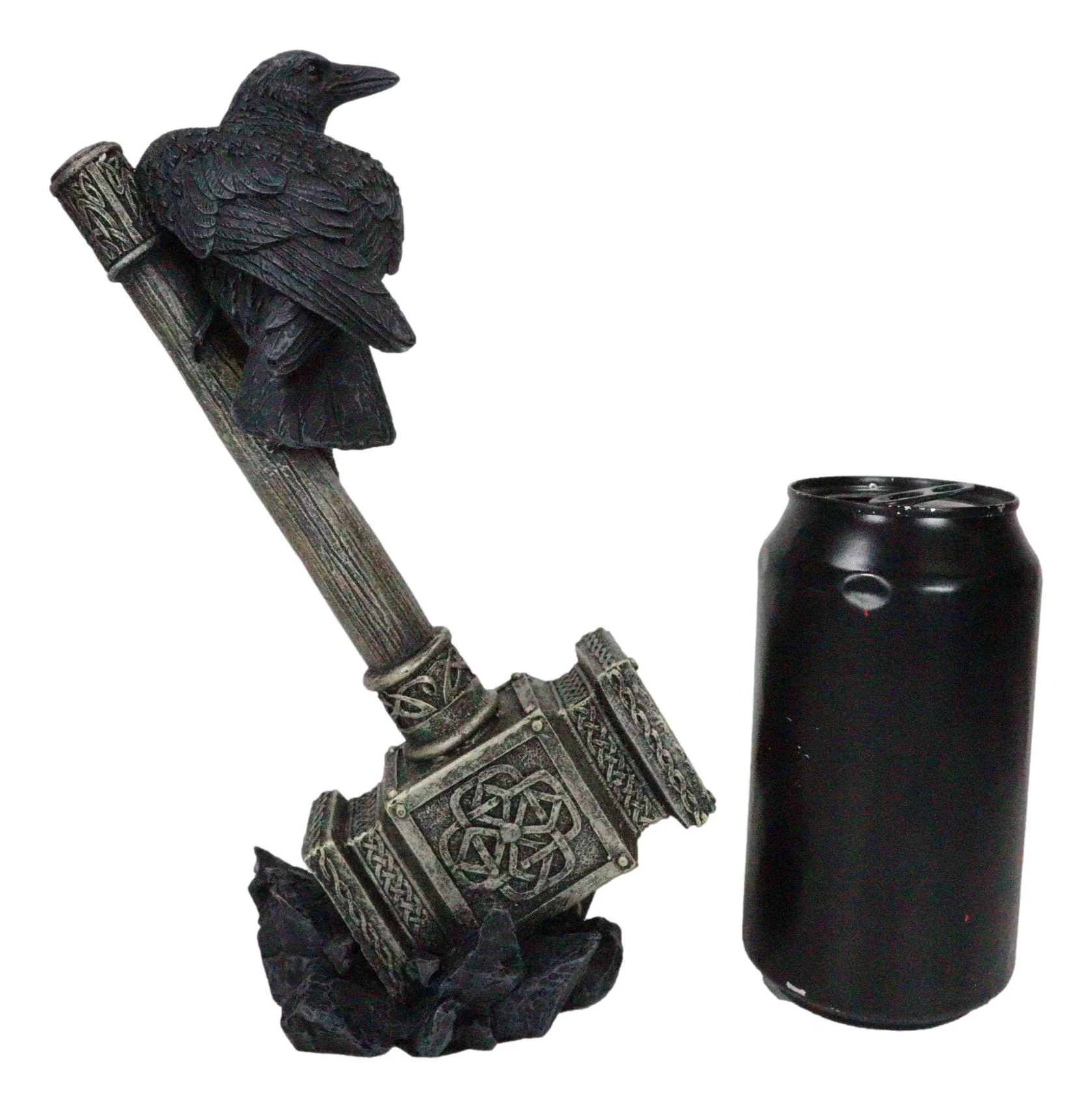 Odin Raven Perching On Thor Hammer Mjolnir With Viking Runes Skaldenmet Figurine - Image 7