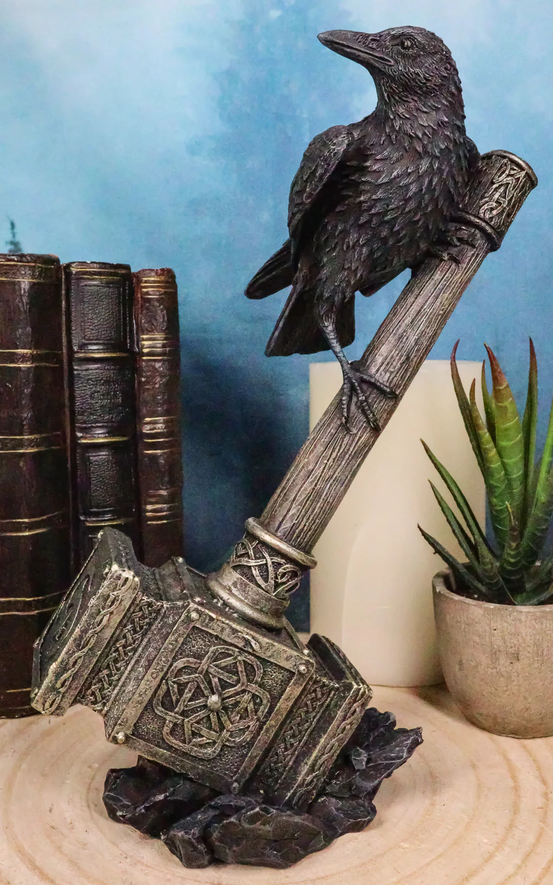 Odin Raven Perching On Thor Hammer Mjolnir With Viking Runes Skaldenmet Figurine - Image 8