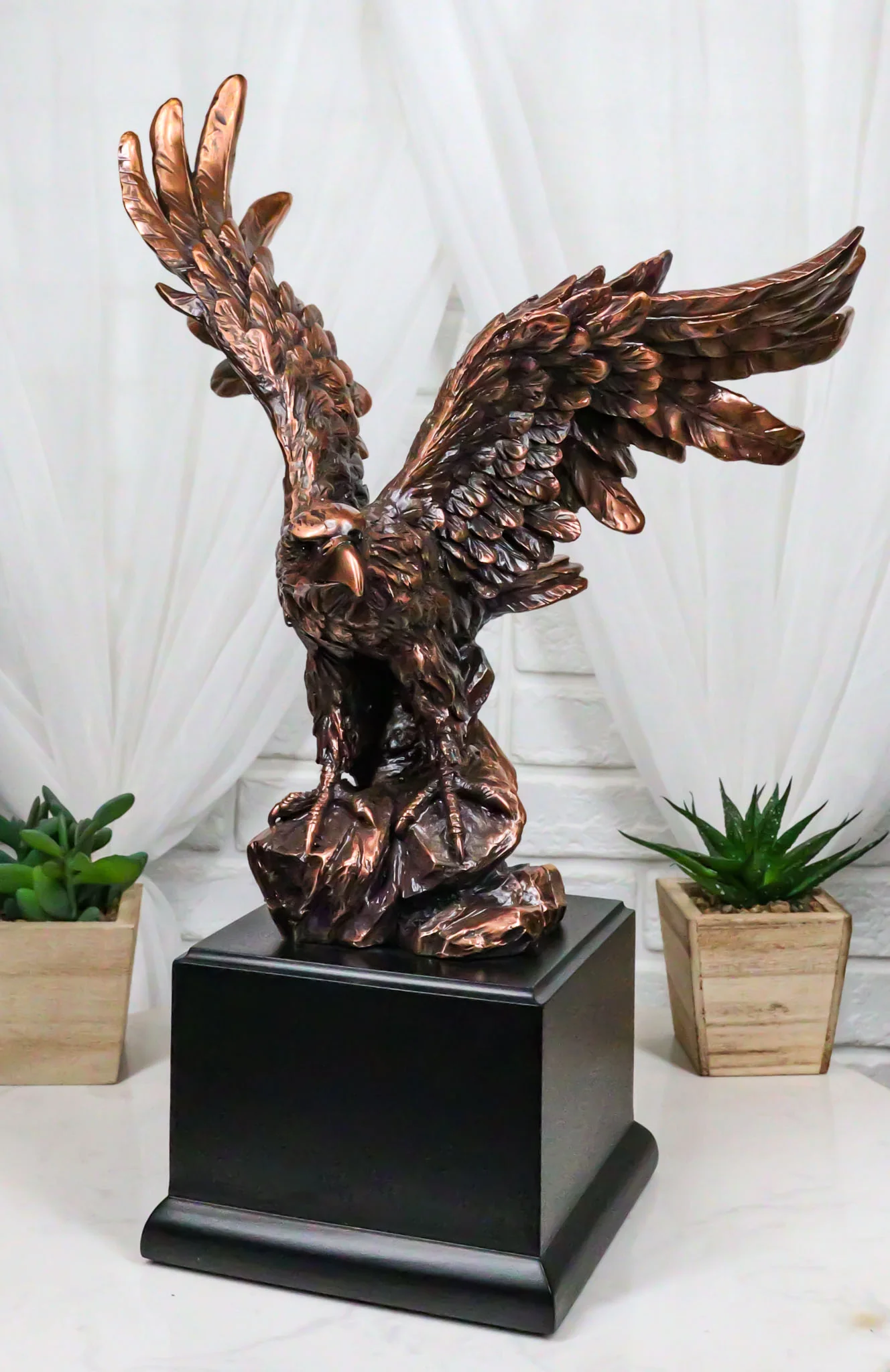 Open Winged American Bald Eagle Landing On Rock Steppes Figurine With Base - Image 9