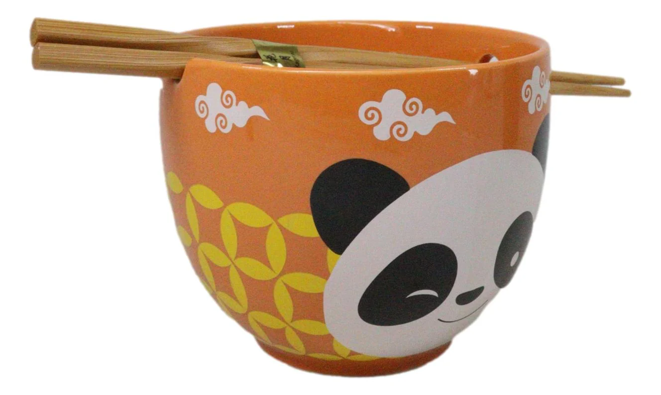 Orange Lucky Panda Bear Ceramic Donburi Ramen Soup Bowl With Chopsticks Set - Image 3