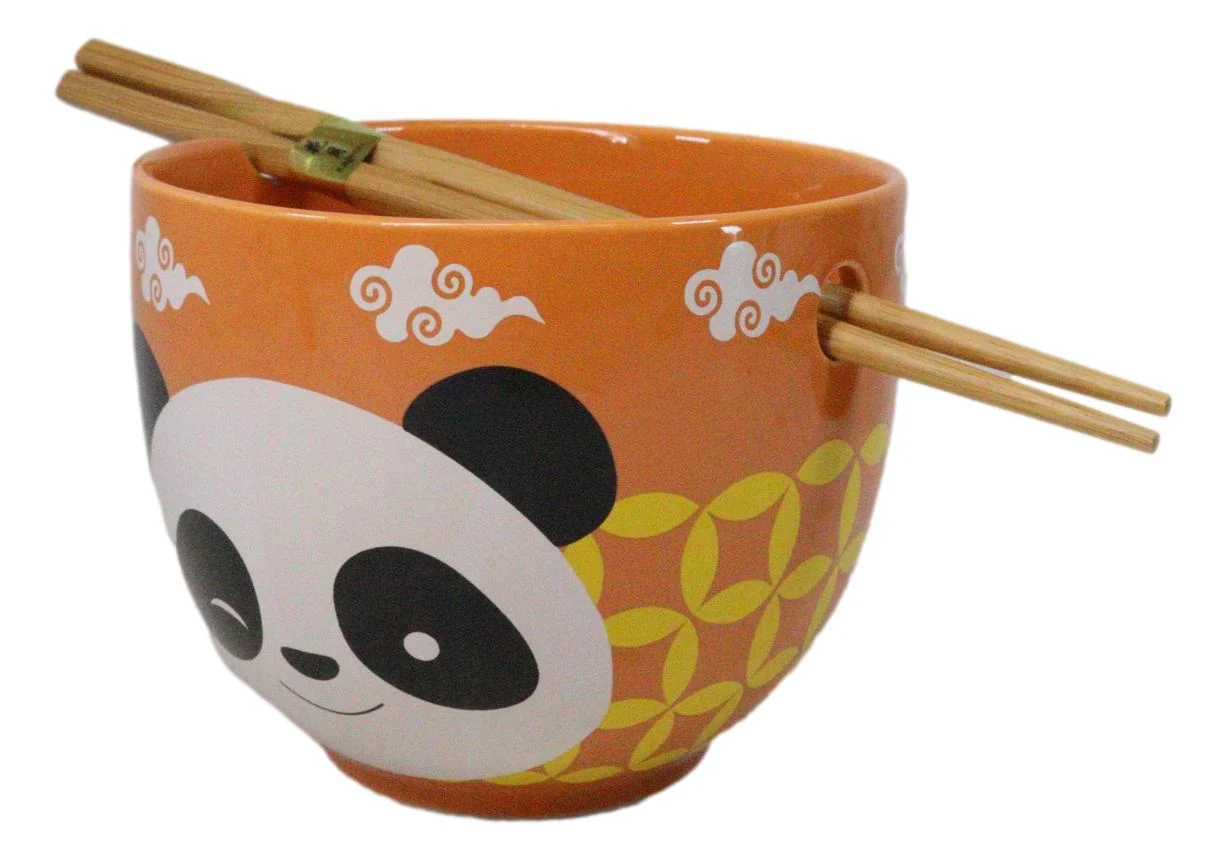 Orange Lucky Panda Bear Ceramic Donburi Ramen Soup Bowl With Chopsticks Set - Image 4