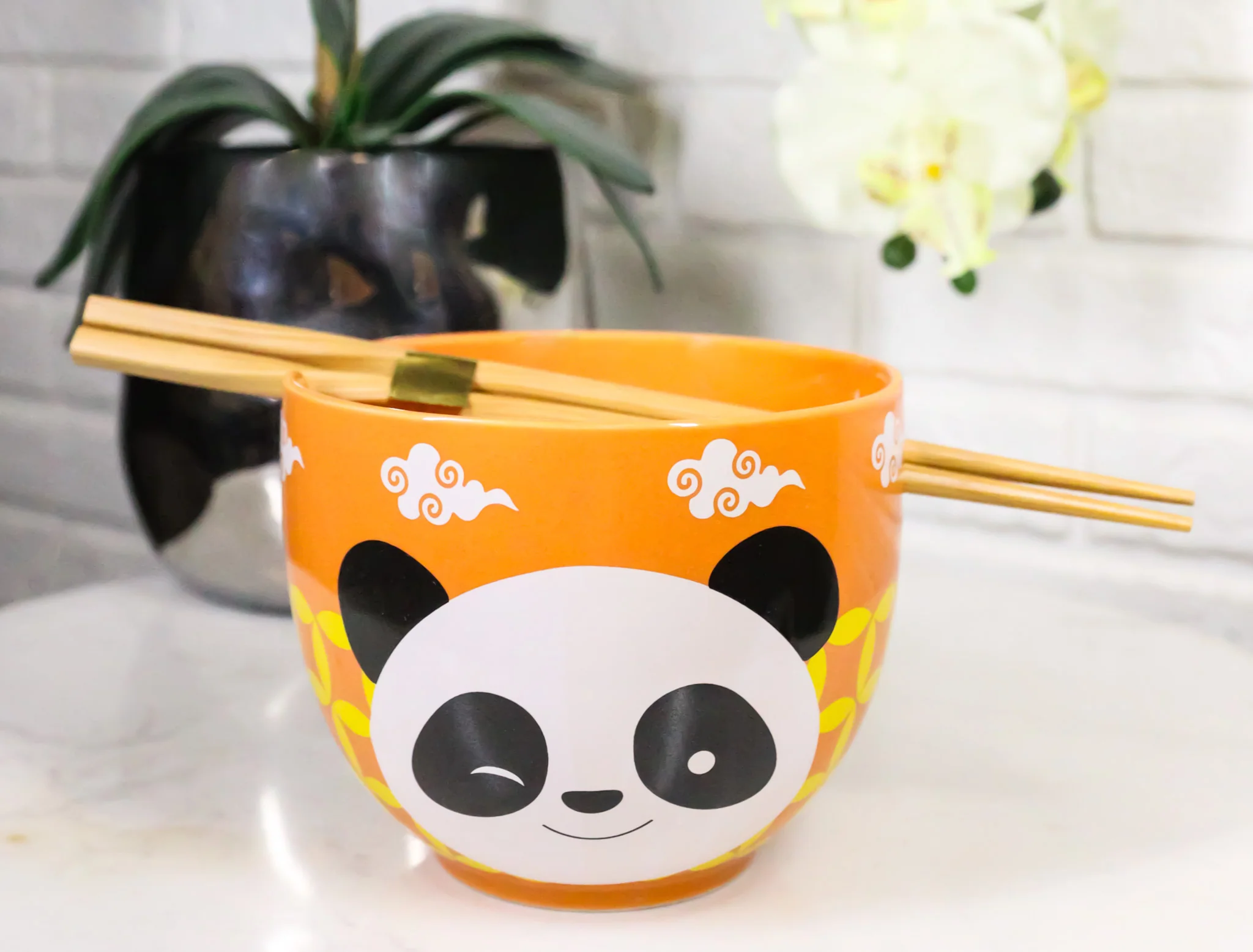 Orange Lucky Panda Bear Ceramic Donburi Ramen Soup Bowl With Chopsticks Set - Image 9