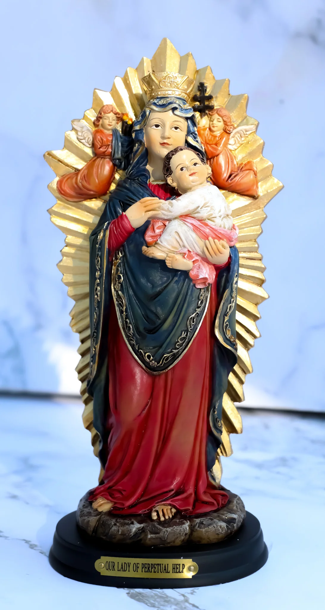 Our Lady of Perpetual Help Mother Mary With Baby Jesus Angels Catholic Figurine