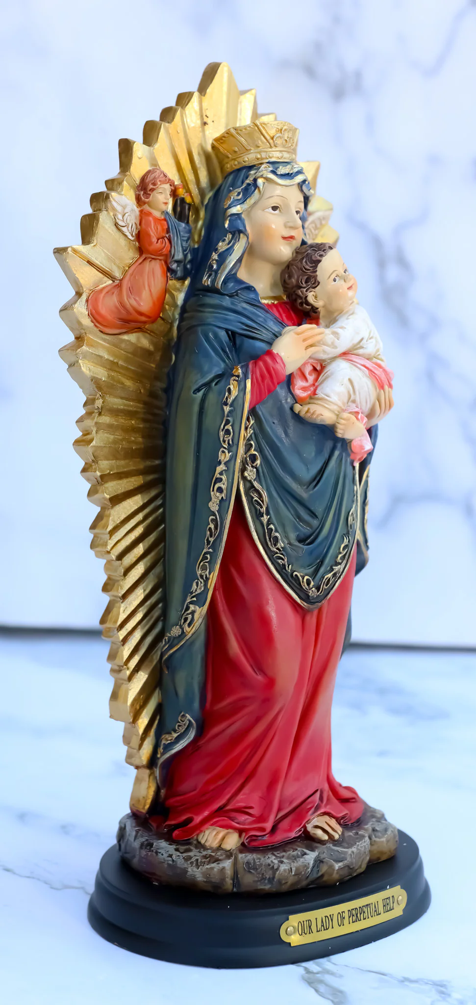 Our Lady of Perpetual Help Mother Mary With Baby Jesus Angels Catholic Figurine - Image 9