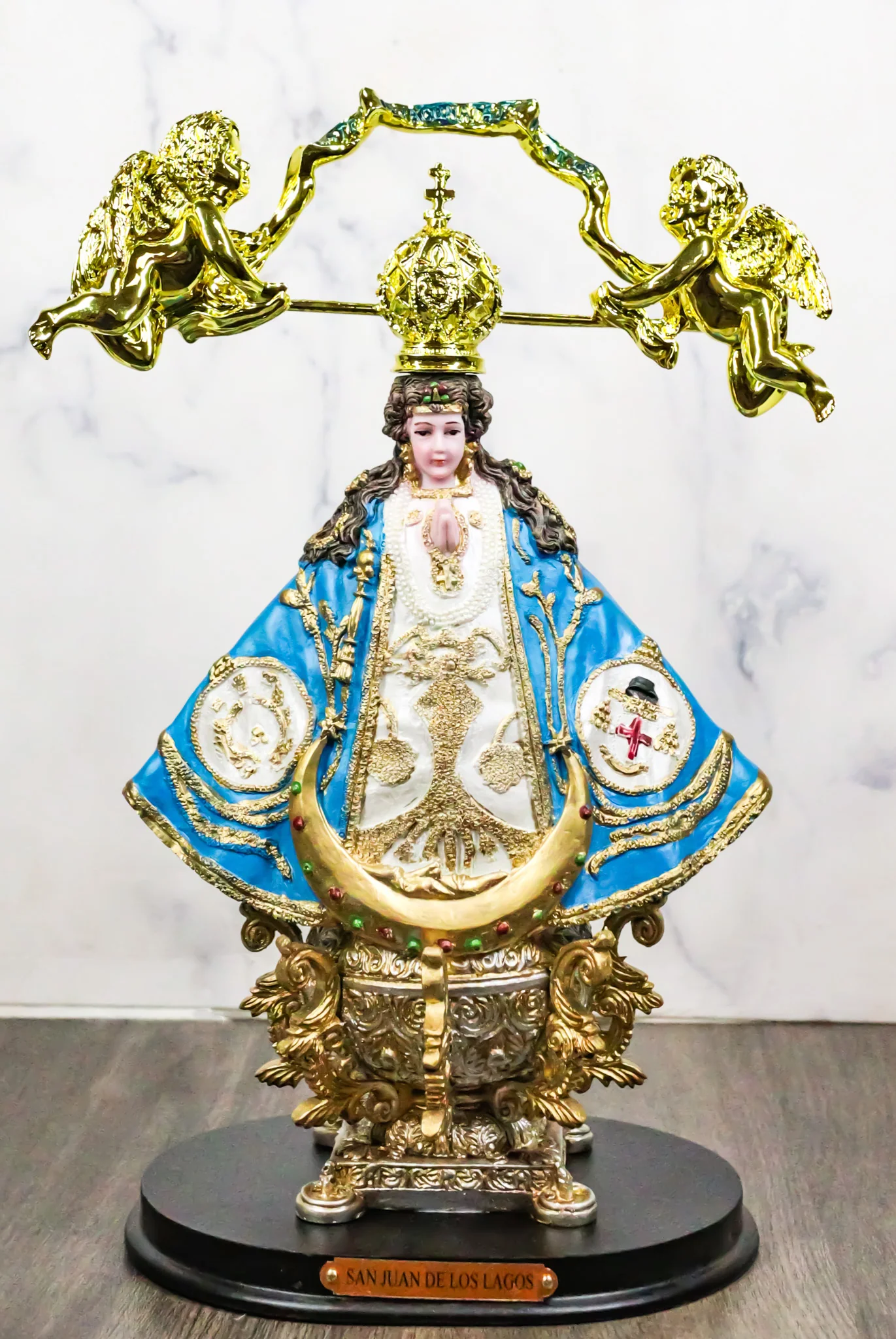Our Lady of San Juan De Los Lagos Golden Crown And Angels Regal Blue Figurine - Image 9