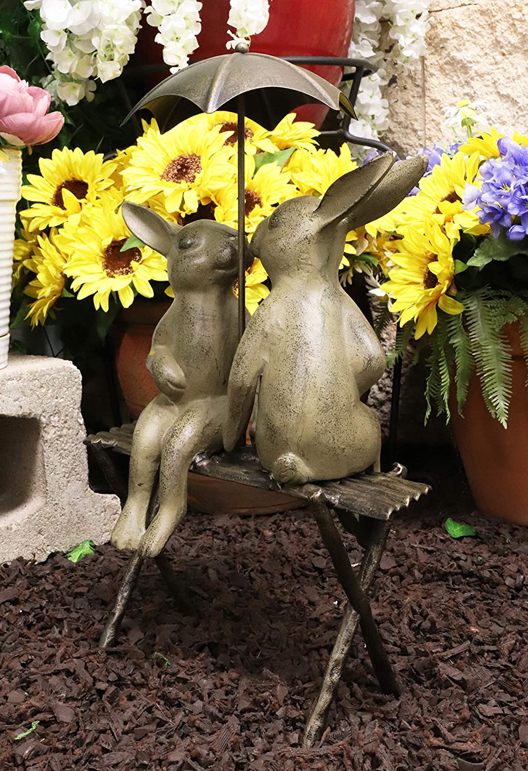 Outdoor Patio Garden Rainy Day Bunny Rabbit Lovers Sharing An Umbrella Statue