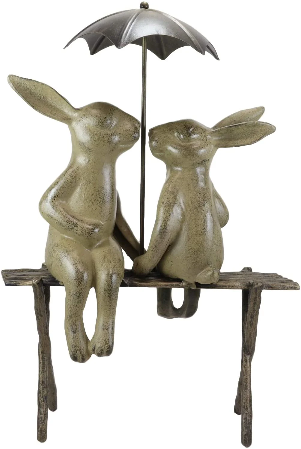 Outdoor Patio Garden Rainy Day Bunny Rabbit Lovers Sharing An Umbrella Statue - Image 2