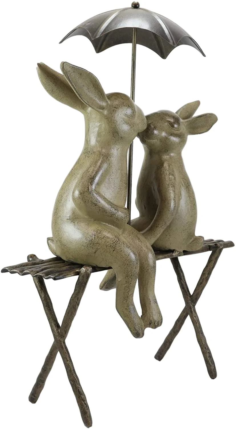 Outdoor Patio Garden Rainy Day Bunny Rabbit Lovers Sharing An Umbrella Statue - Image 3