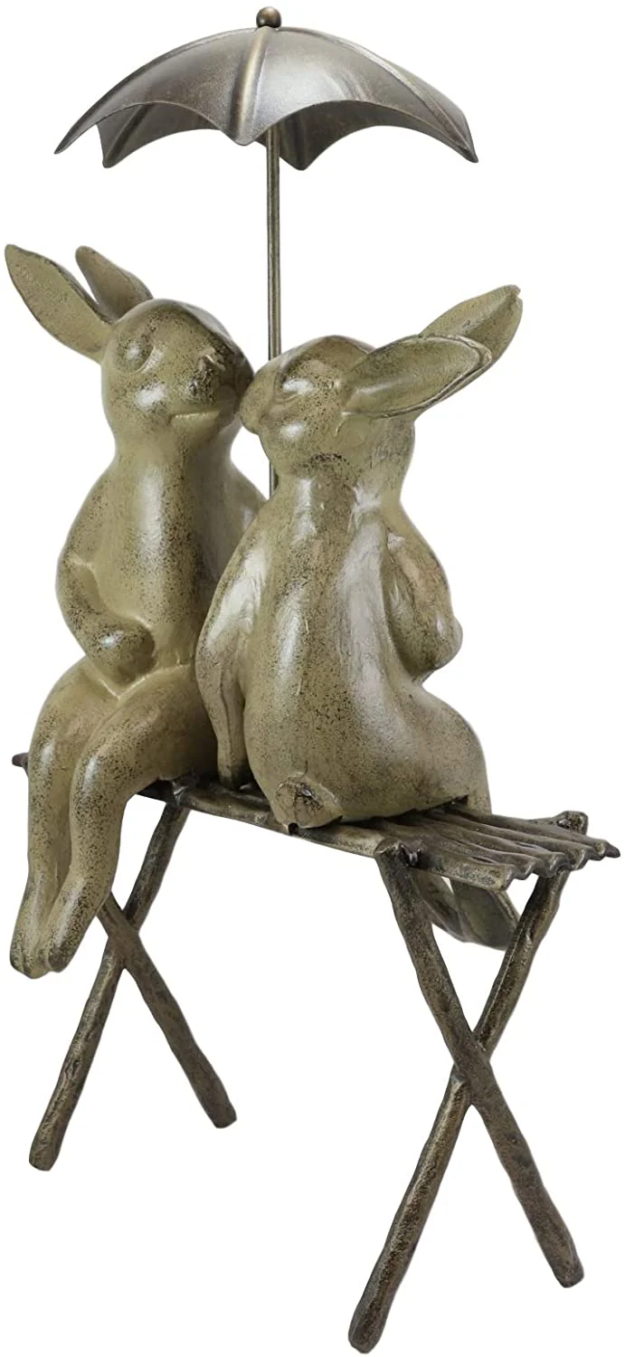 Outdoor Patio Garden Rainy Day Bunny Rabbit Lovers Sharing An Umbrella Statue - Image 4