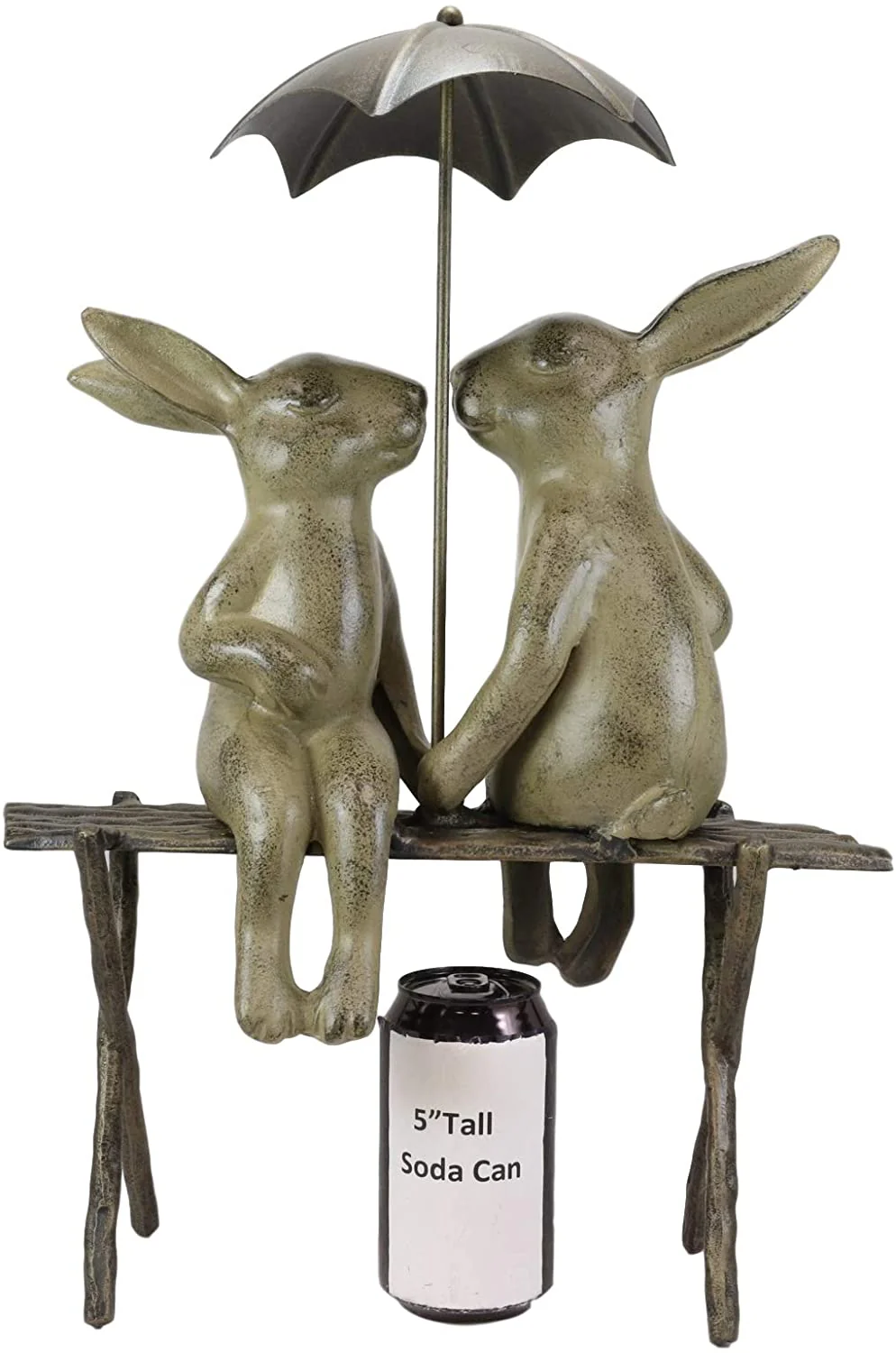 Outdoor Patio Garden Rainy Day Bunny Rabbit Lovers Sharing An Umbrella Statue - Image 5