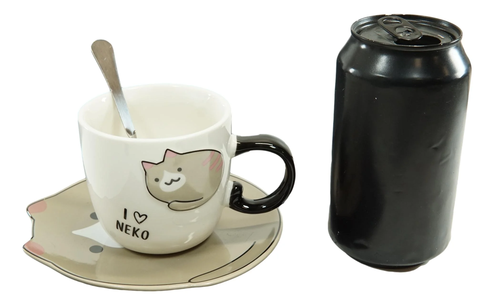 Ebros Pack Of 2 Brown Pink Ears Maneki Neko Cat Mugs 8oz With Saucer And Notched Spoon - Image 6
