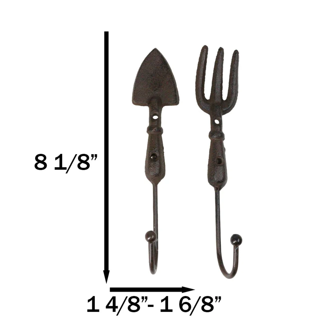 Pack of 2 Cast Iron Garden Hand Tool Fork and Trowel Wall Hooks For Coats Keys - Image 2