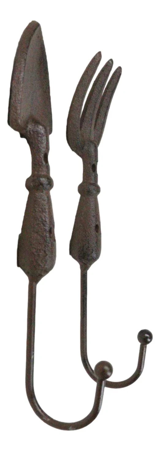 Pack of 2 Cast Iron Garden Hand Tool Fork and Trowel Wall Hooks For Coats Keys - Image 3