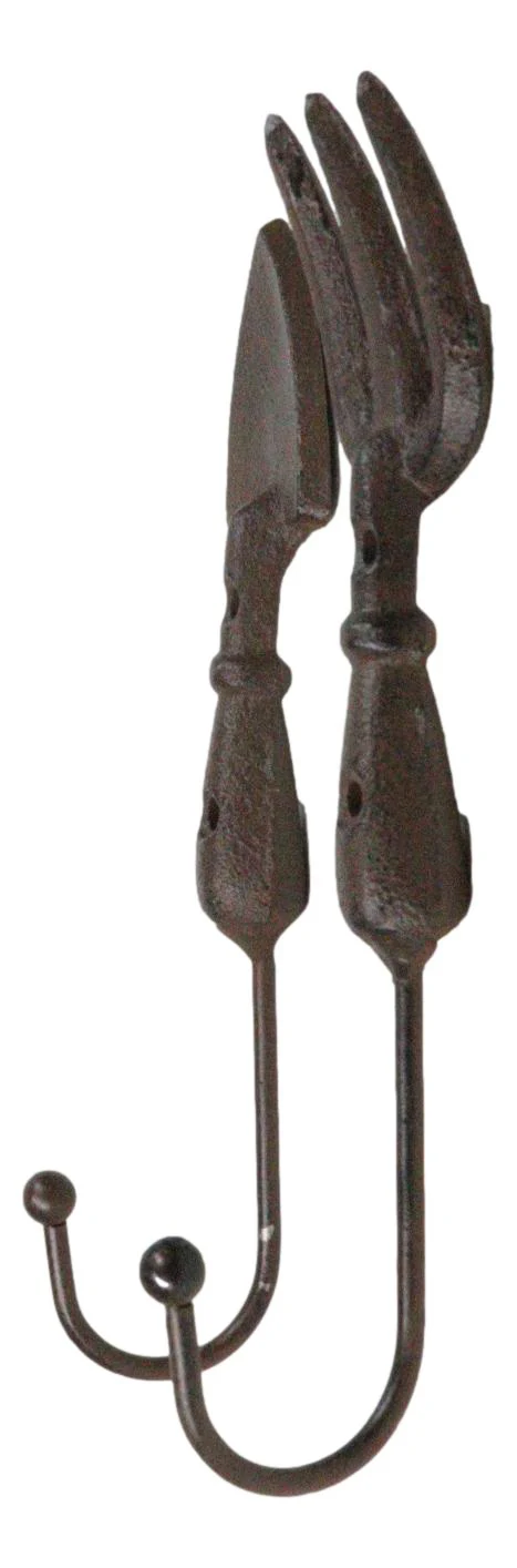 Pack of 2 Cast Iron Garden Hand Tool Fork and Trowel Wall Hooks For Coats Keys - Image 6