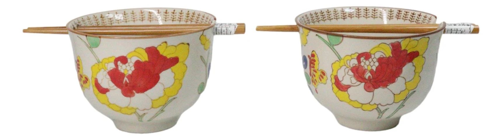 Pack Of 2 Ceramic Ramen Donburi Noodles Bowl & Chopsticks Set Spring Flower Bloom