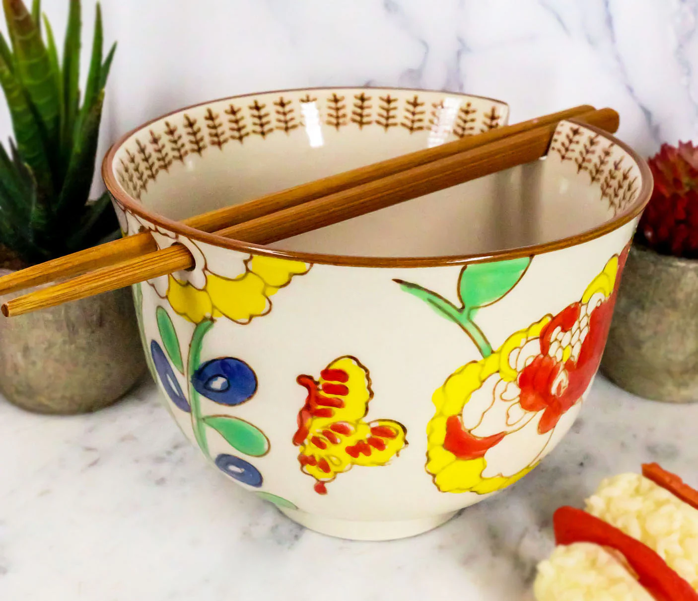 Pack Of 2 Ceramic Ramen Donburi Noodles Bowl & Chopsticks Set Spring Flower Bloom - Image 10