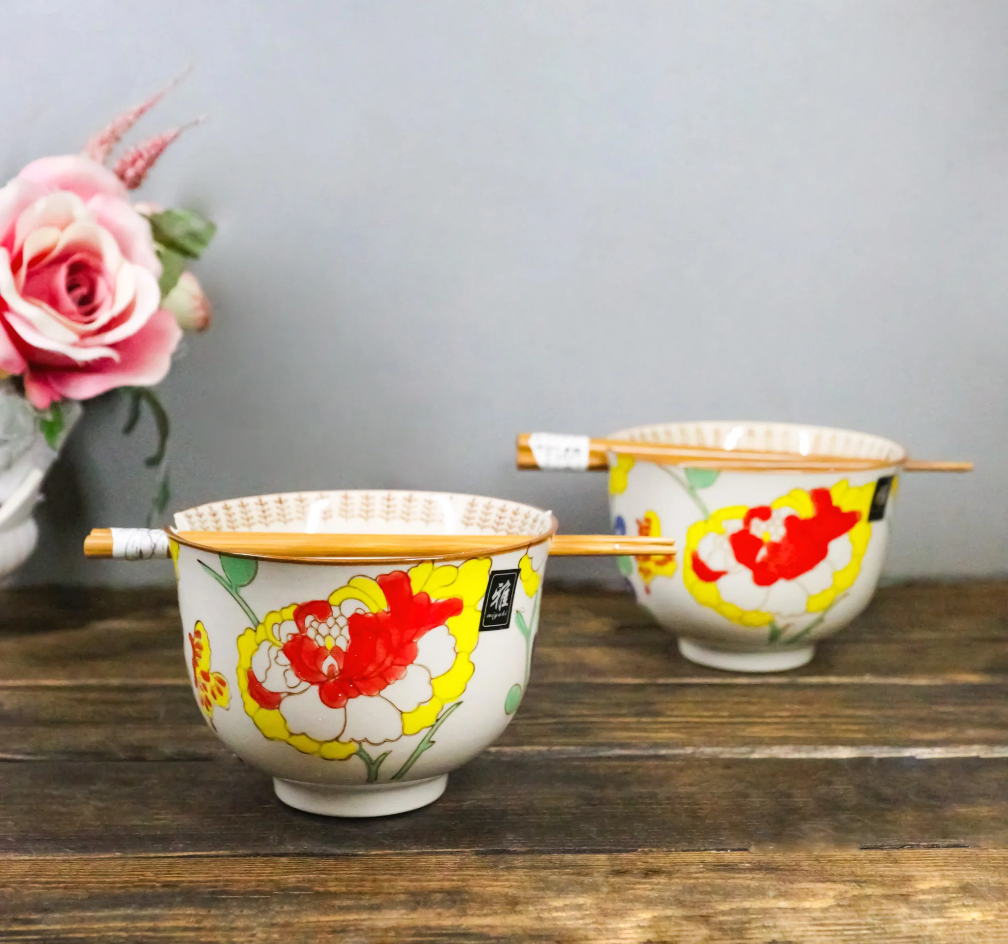 Pack Of 2 Ceramic Ramen Donburi Noodles Bowl & Chopsticks Set Spring Flower Bloom - Image 11
