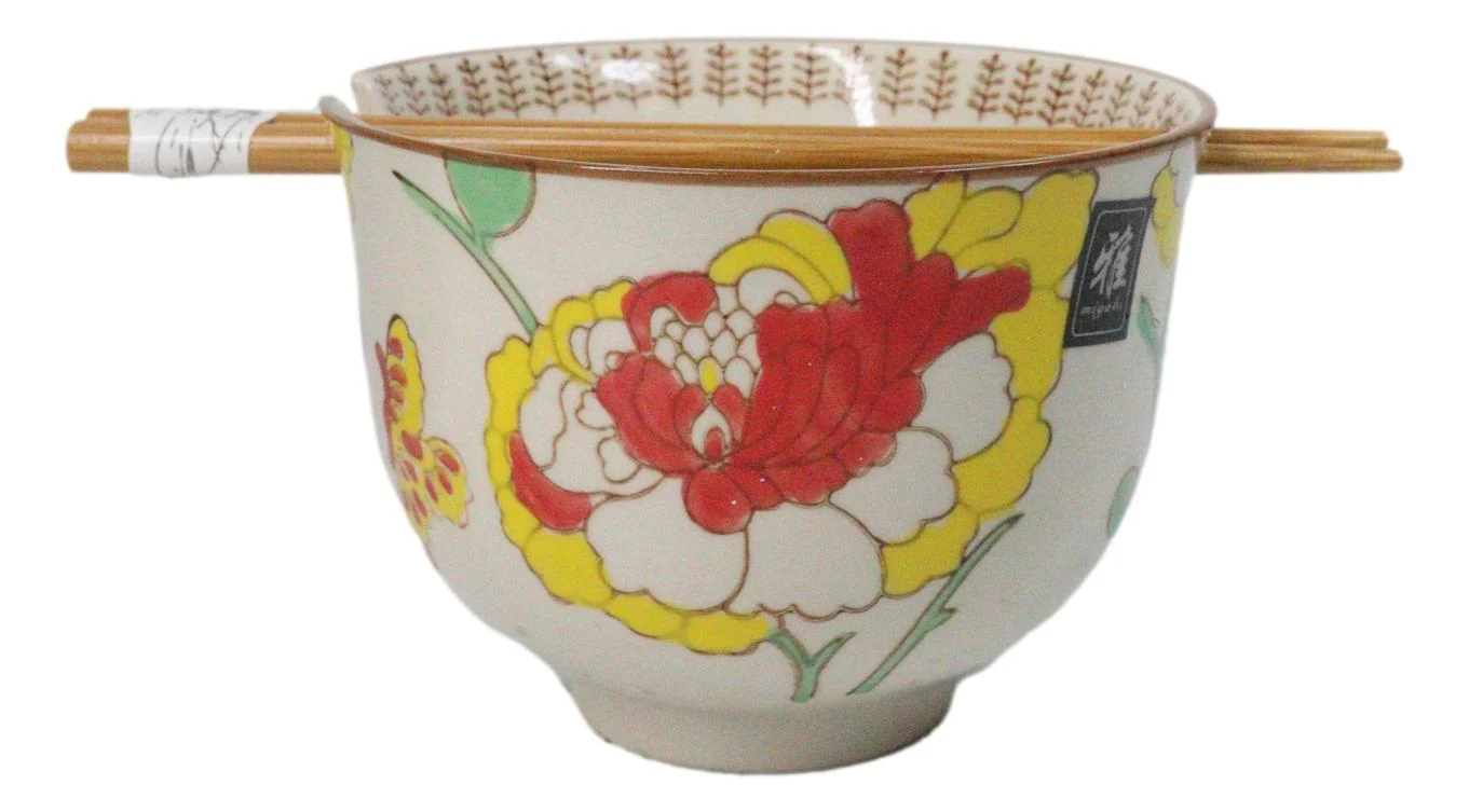 Pack Of 2 Ceramic Ramen Donburi Noodles Bowl & Chopsticks Set Spring Flower Bloom - Image 2